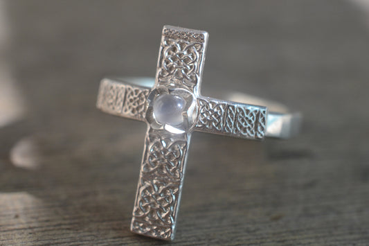 Sterling Silver Celtic Cross & Moonstone Ring