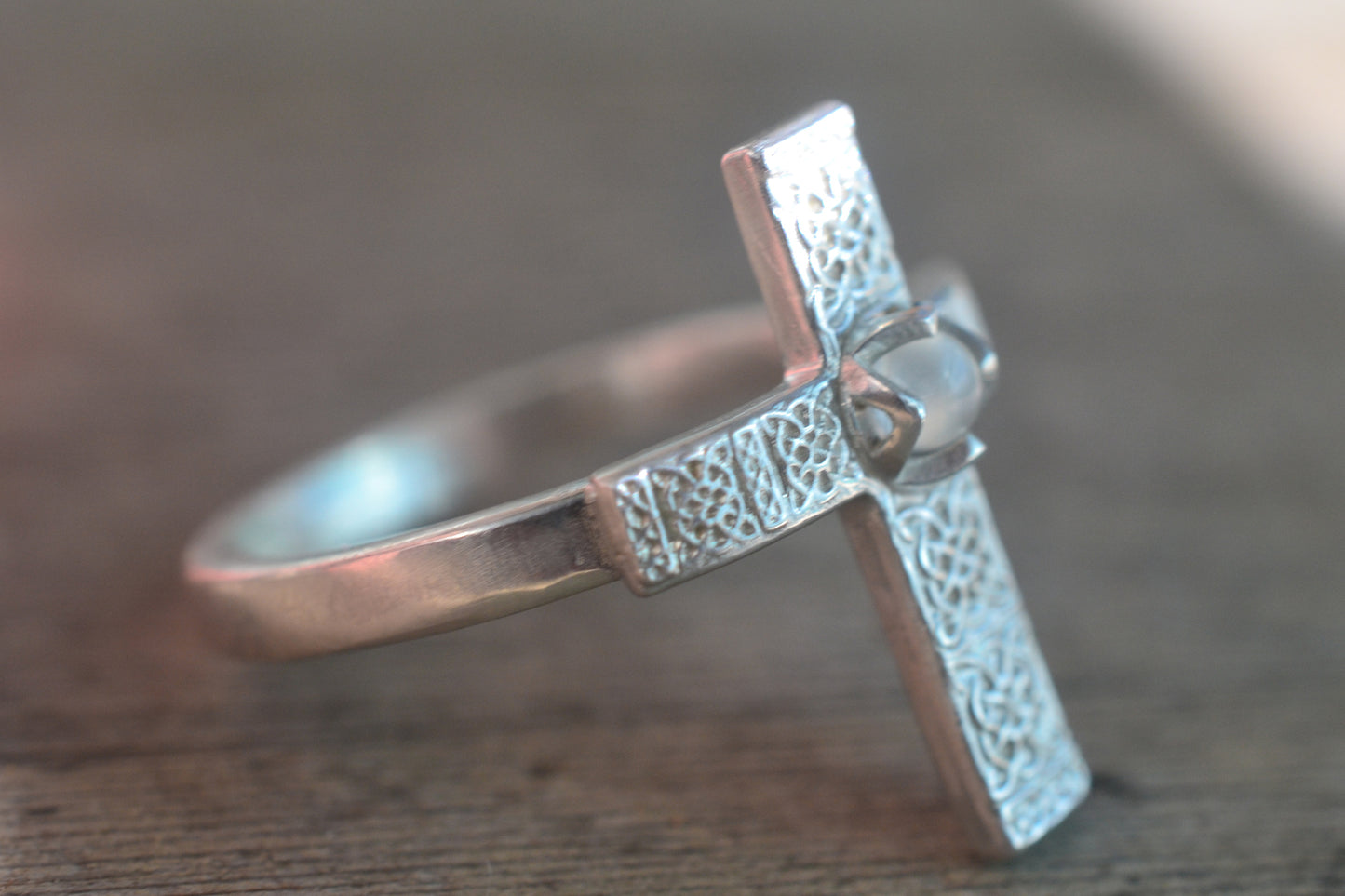 Sterling Silver Celtic Knot Cross Ring With Gemstone