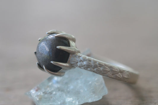 925 Silver Dragon Scale Ring With Obsidian