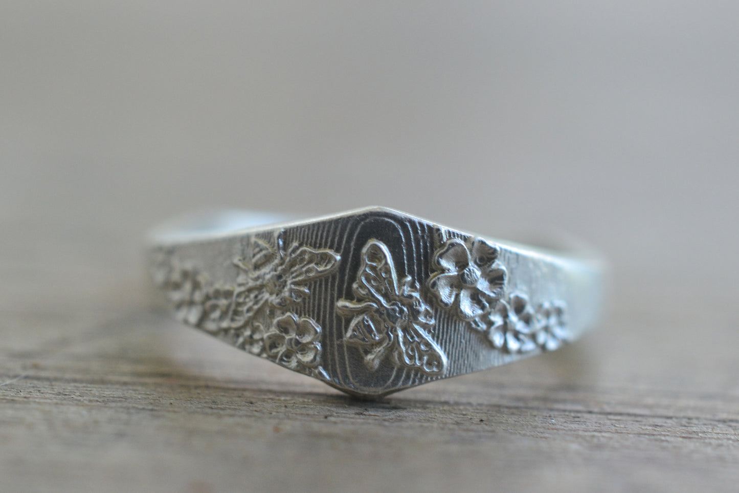 Silver Flower & Bee Signet Ring for Women