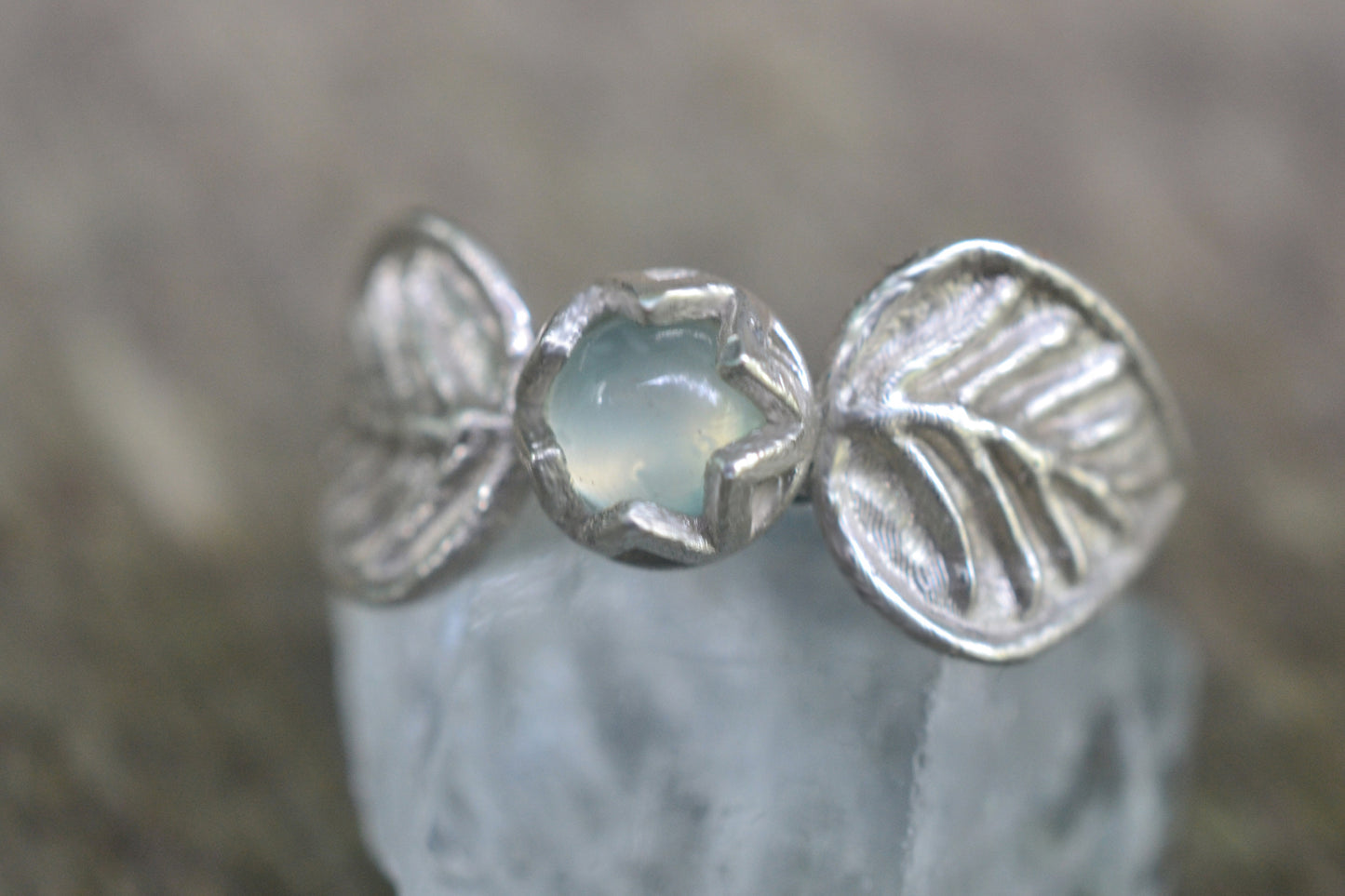 Green Prehnite Ring With Silver Leaves