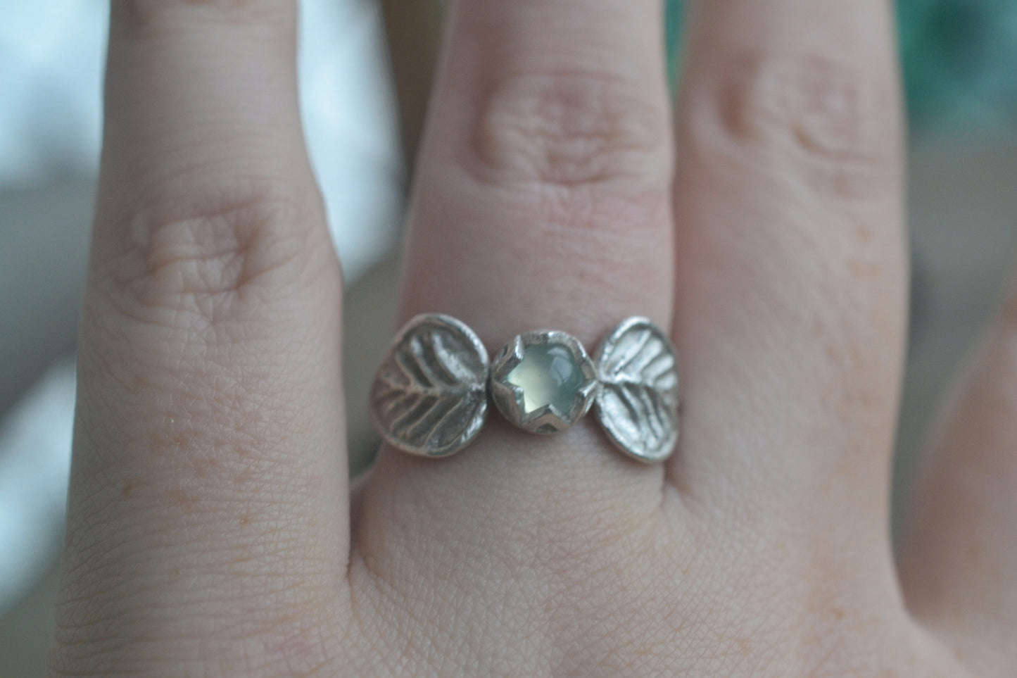 Prehnite Crystal Leaf Ring in Sterling Silver