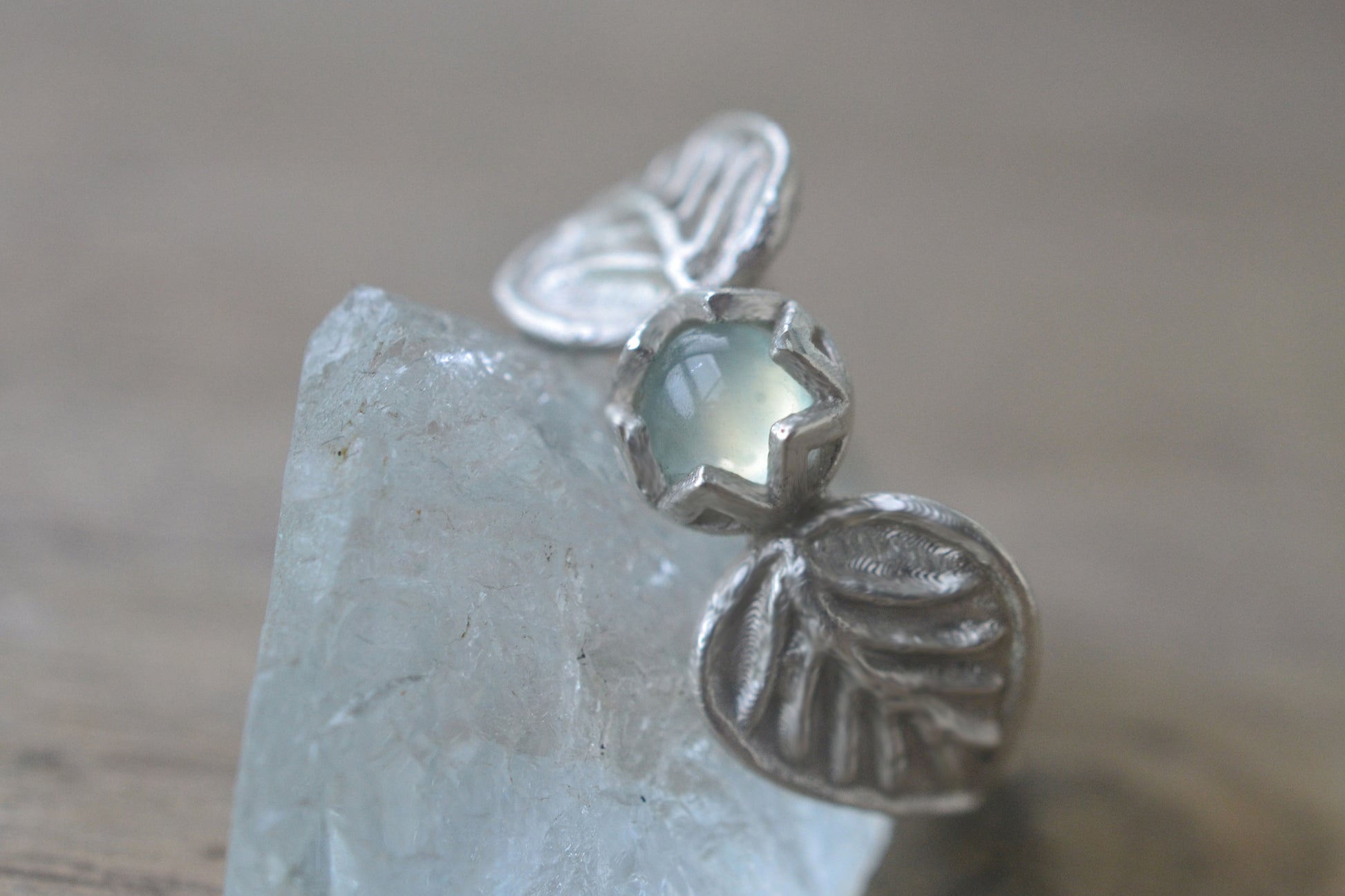 Silver Rose Leaf Ring With Prehnite Crystal