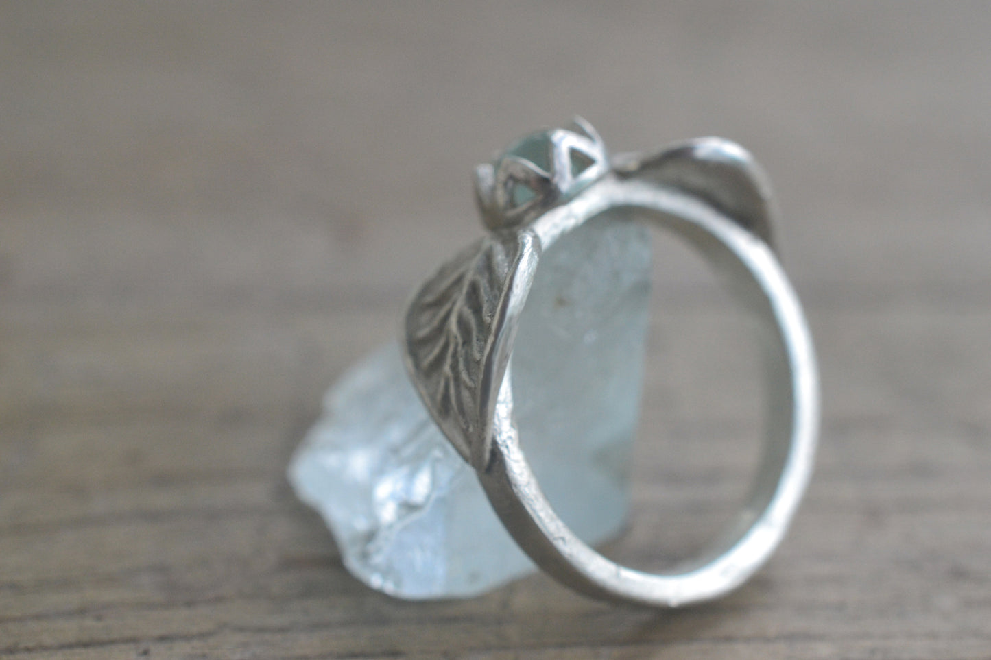 Dainty Prehnite & Leaf Ring in Sterling Silver