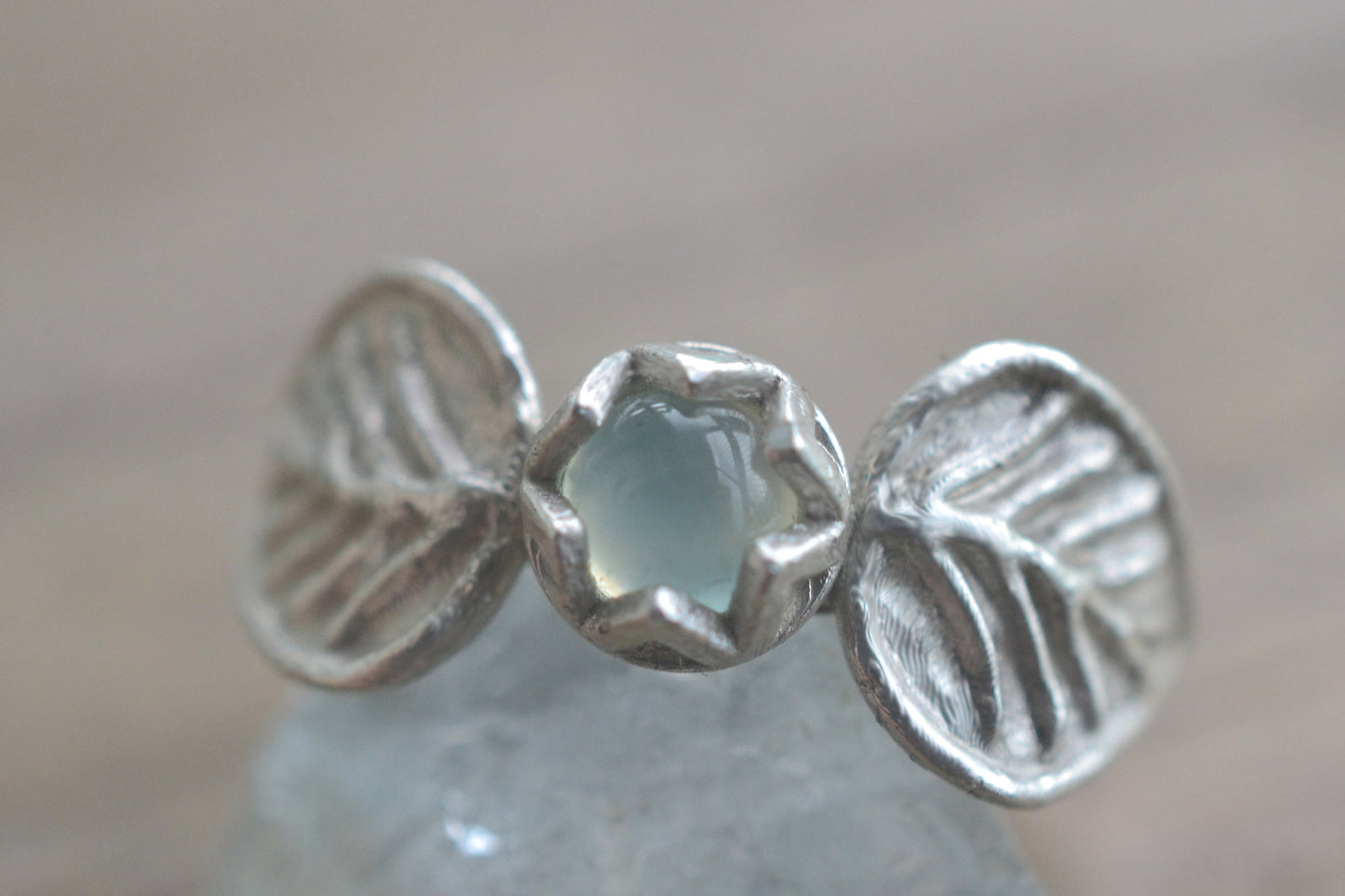 Prehnite Gemstone Ring With Silver Leaves
