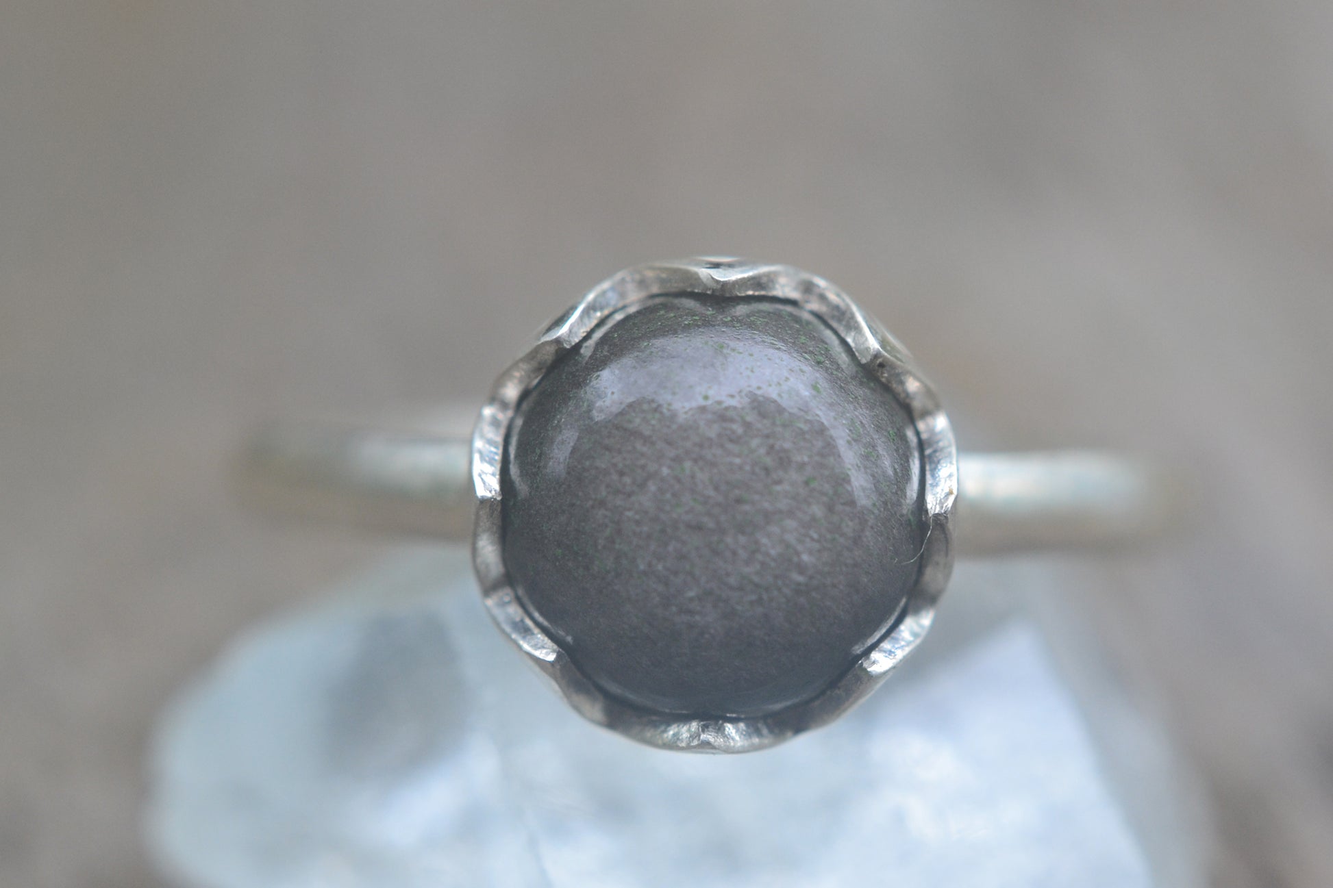 8mm Round Silver Sheen Obsidian Cabochon Ring