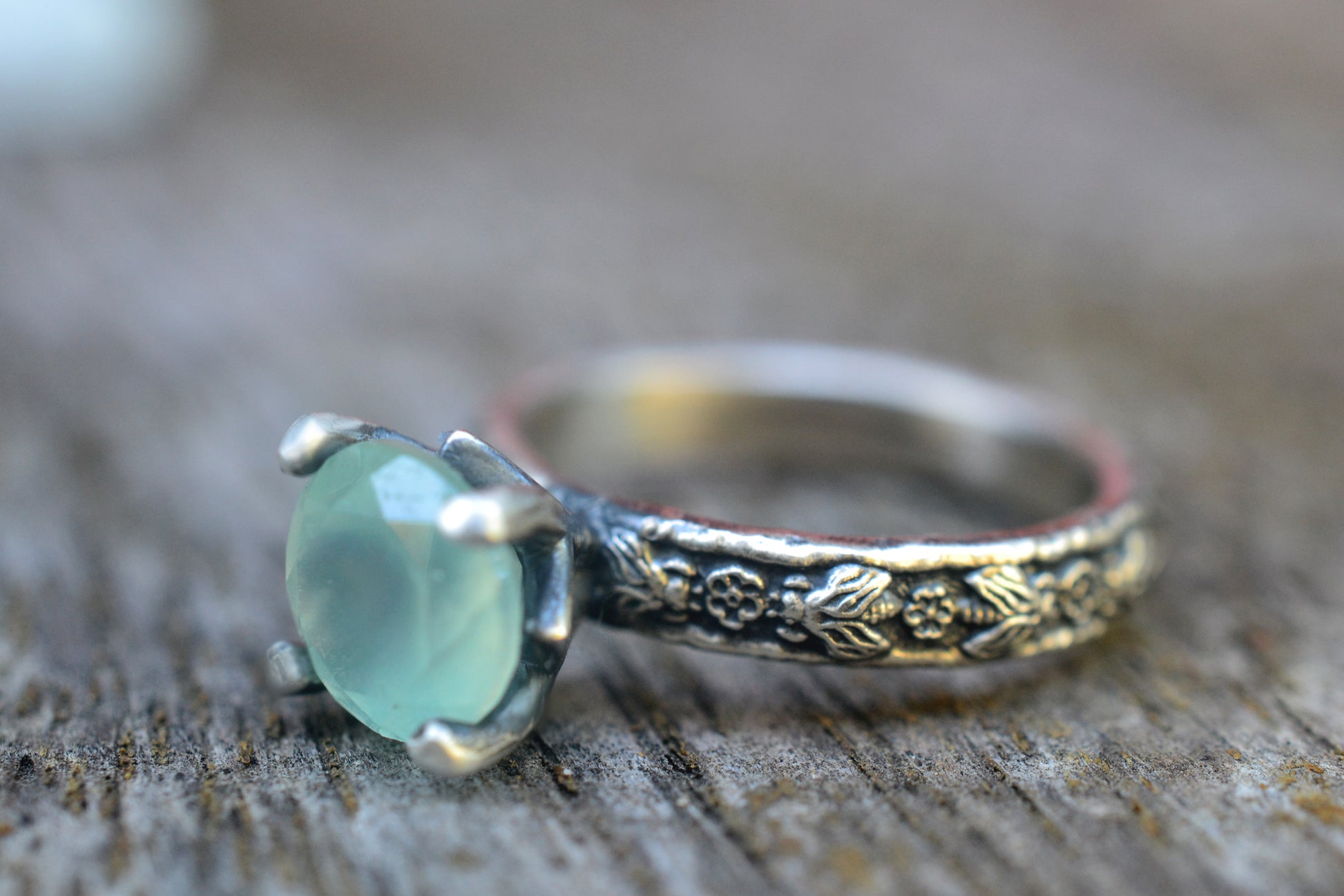 Silver Rose and Bee Ring With Faceted Prehnite