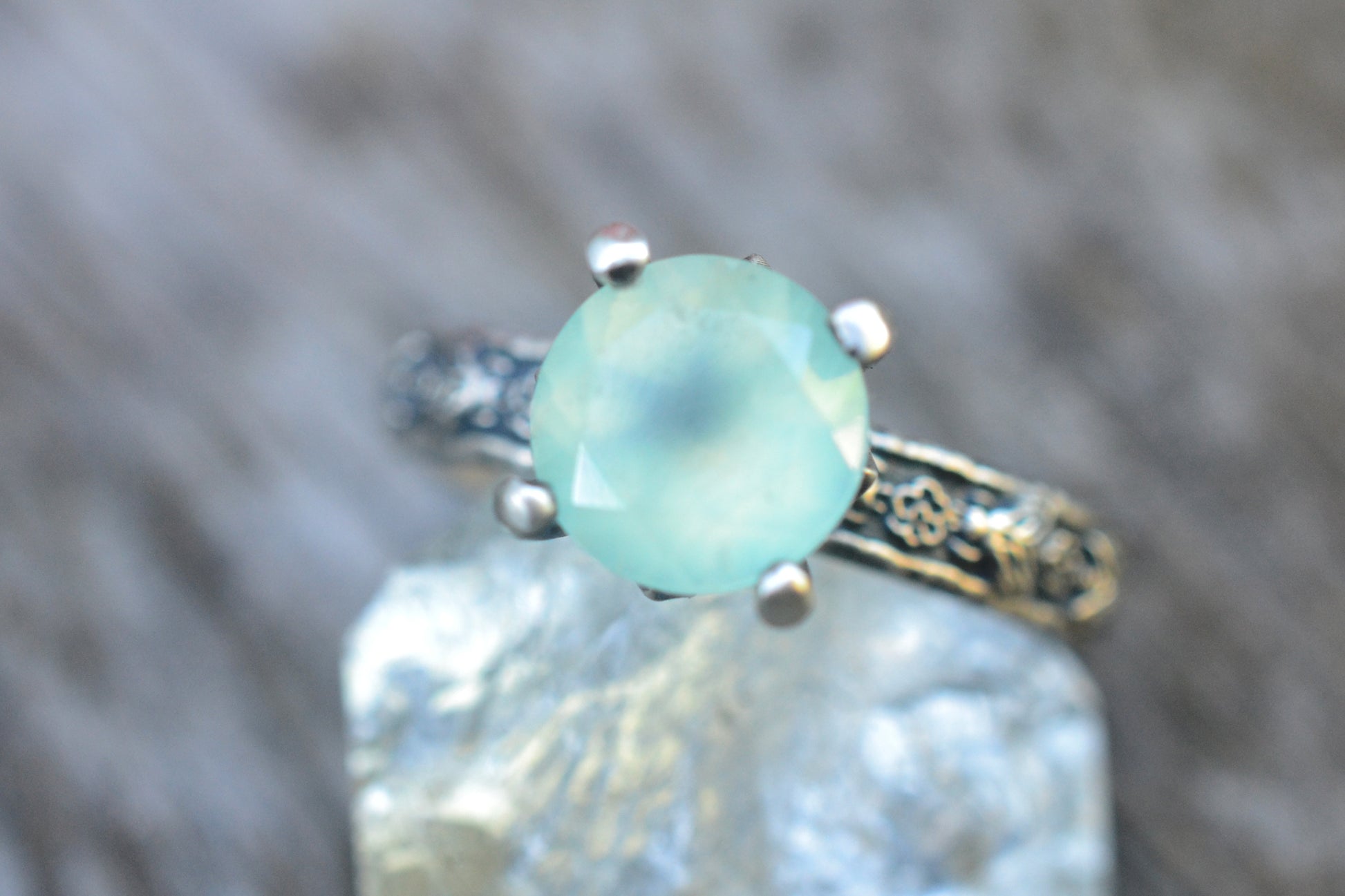 Silver Rose & Bee Ring With Green Stone