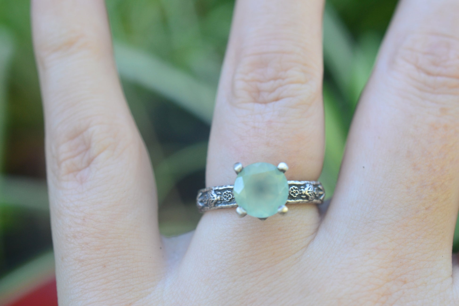 8mm Prehnite Crystal Ring With Oxidised Band