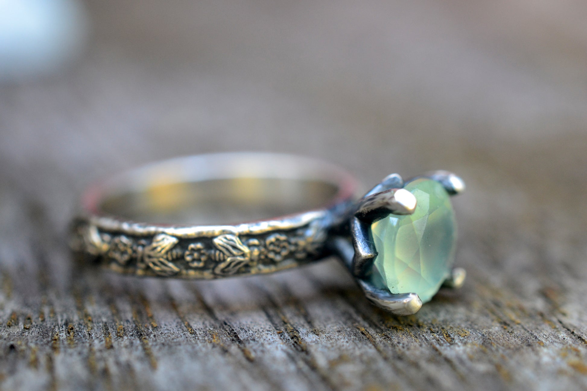 Faceted Green Prehnite Ring in Oxidised Silver