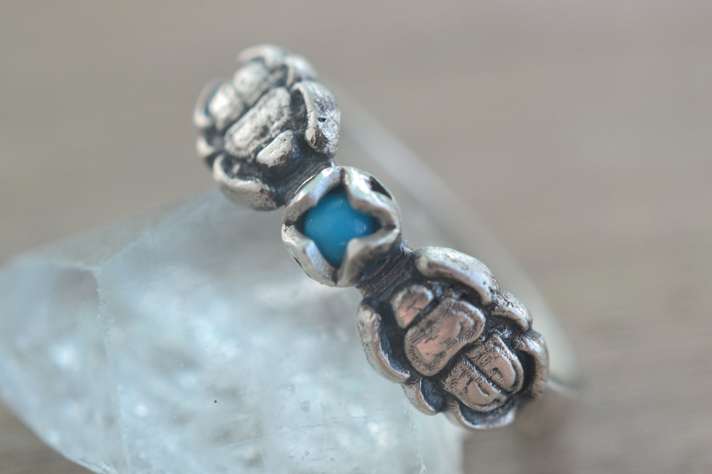 Sterling silver scarab beetle ring with turquoise stone