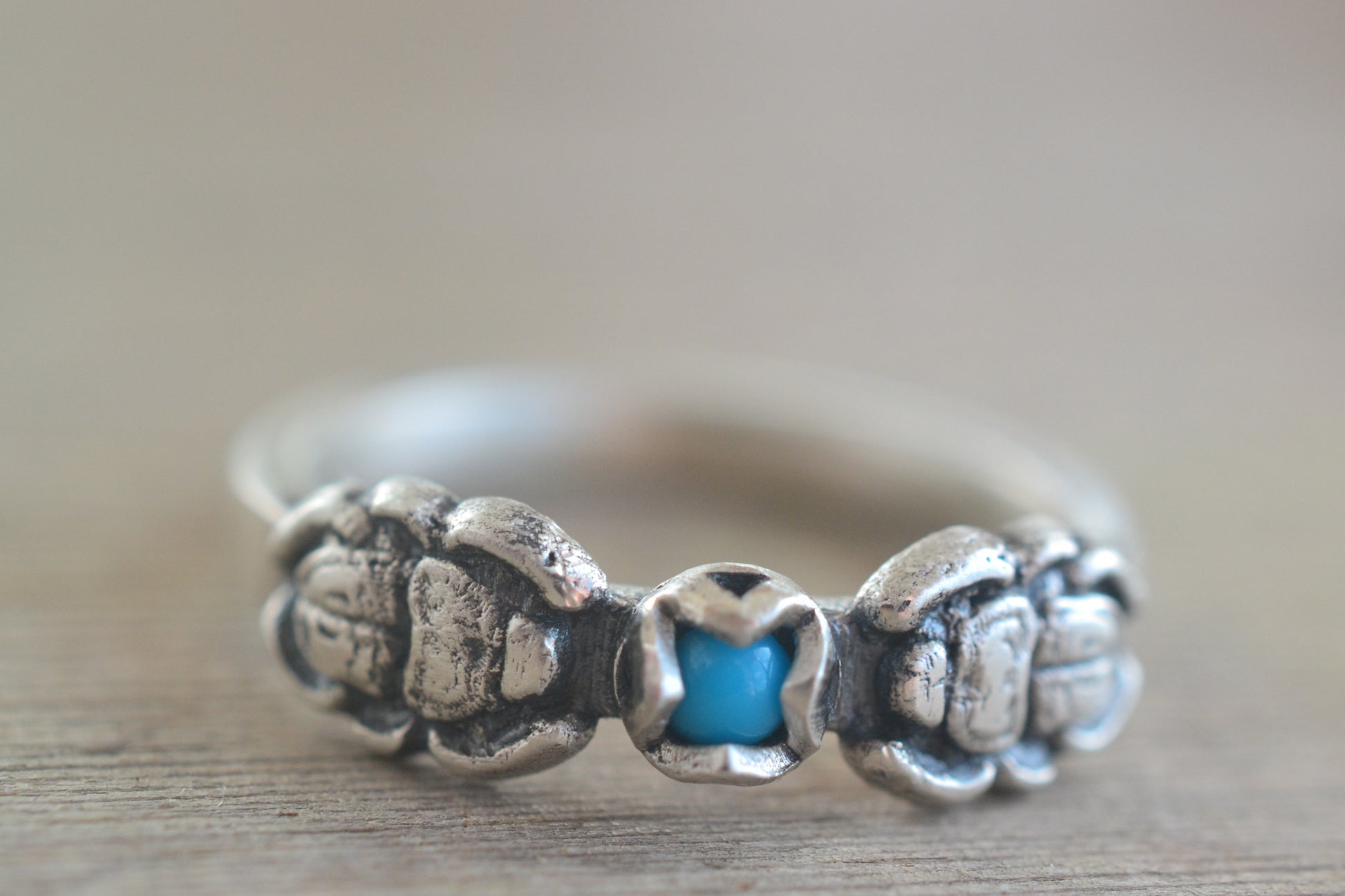 unique double scarab ring with turquoise cabochon