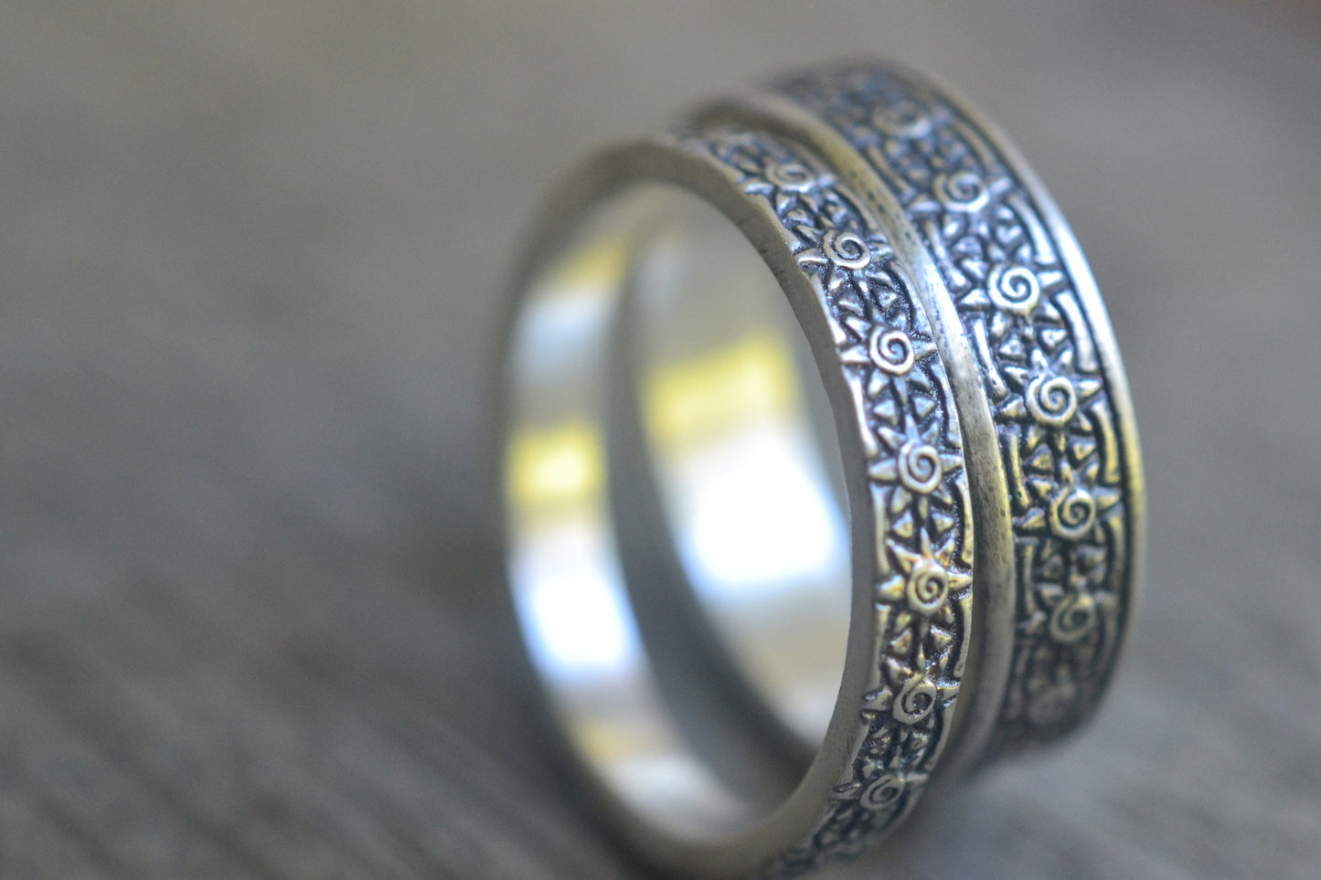 Oxidised Silver Sun Wedding Band Set