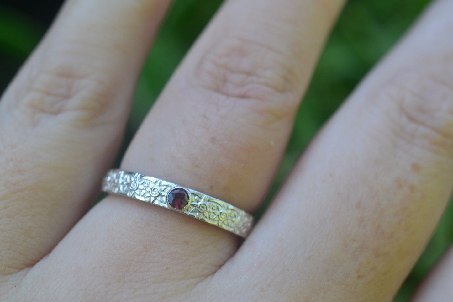 Almandine Garnet Wedding Band With Sun Design