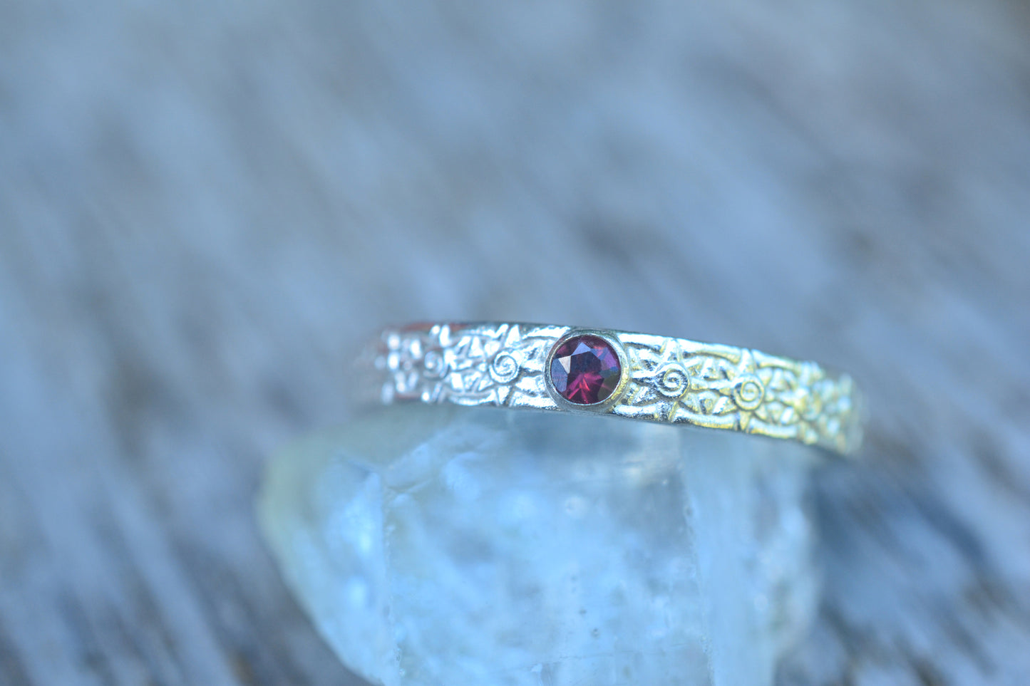 Silver Sun Wedding Ring With Garnet