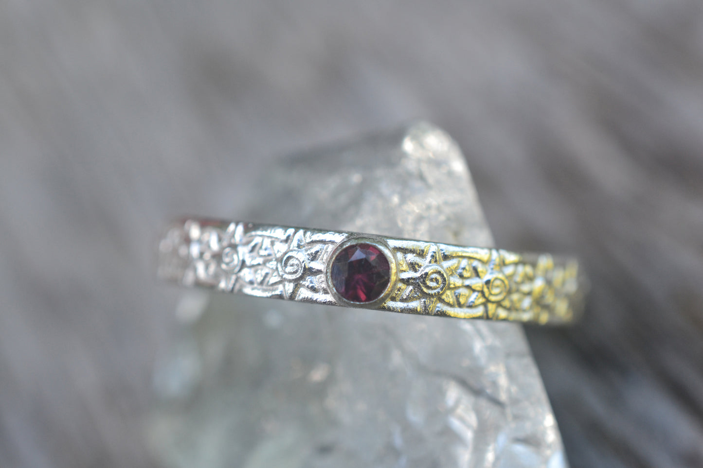 Dainty Garnet Wedding Ring With Sun Design