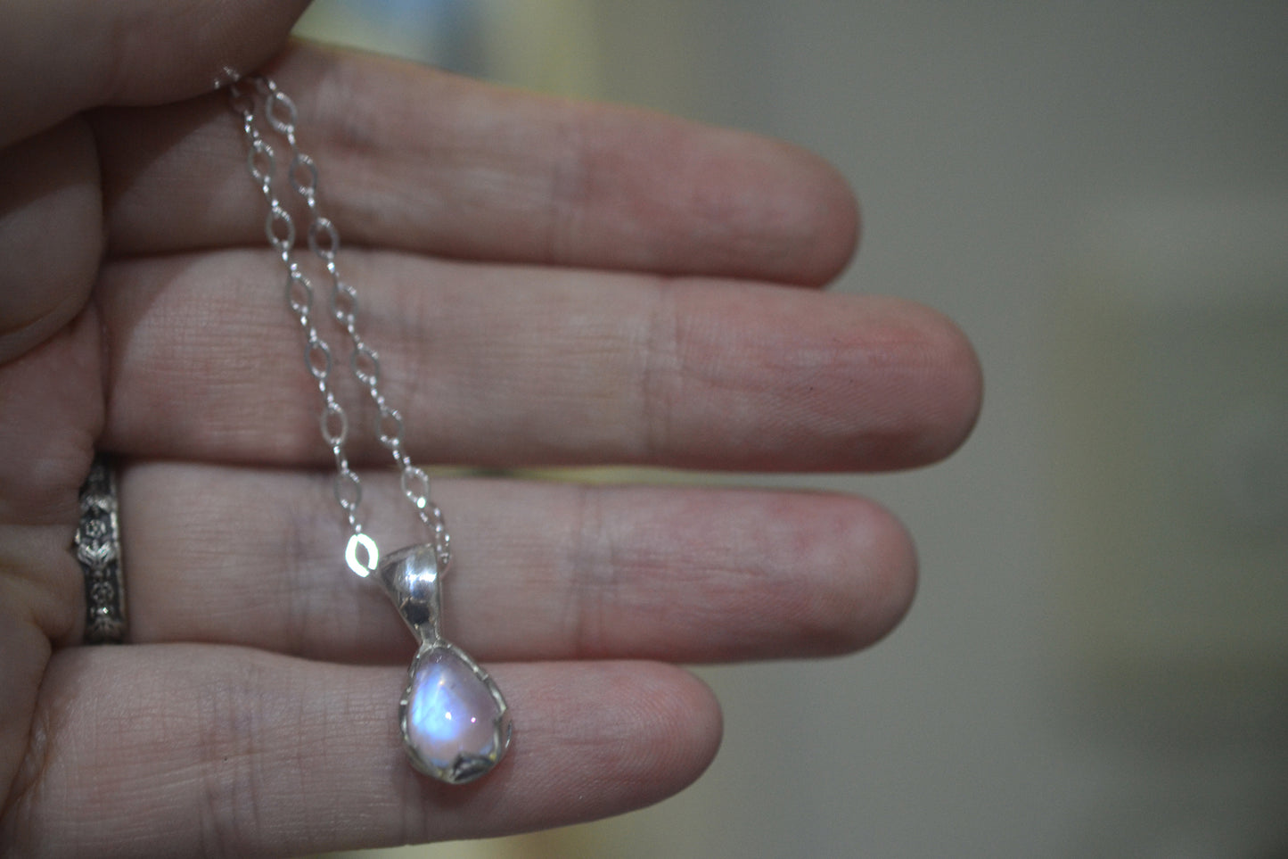 dainty pear shape rainbow moonstone neckalce