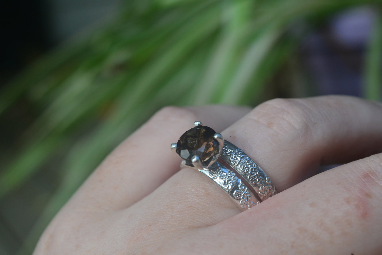 Bright Silver Cherry Blossom Rings With Smoky Quartz