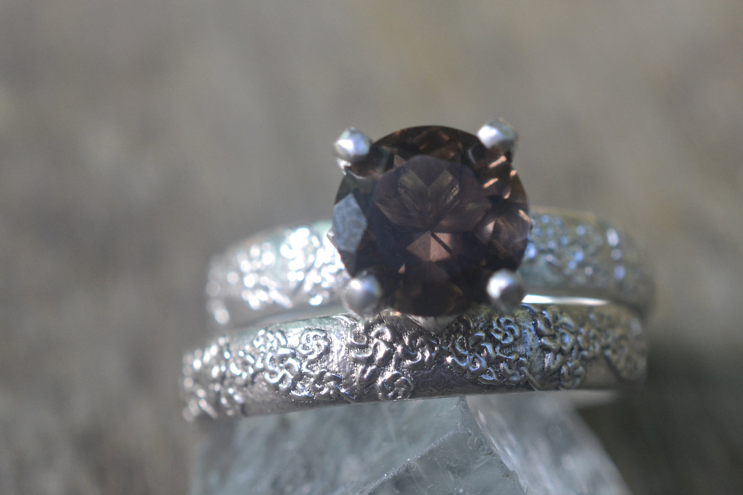 Smoky Quartz Wedding Set With Flower Design