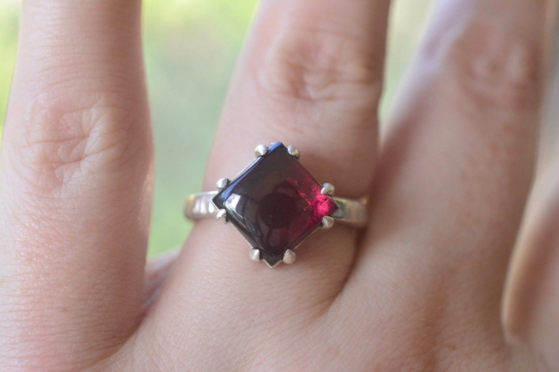 Hammered Silver Ring With Square Cut Garnet