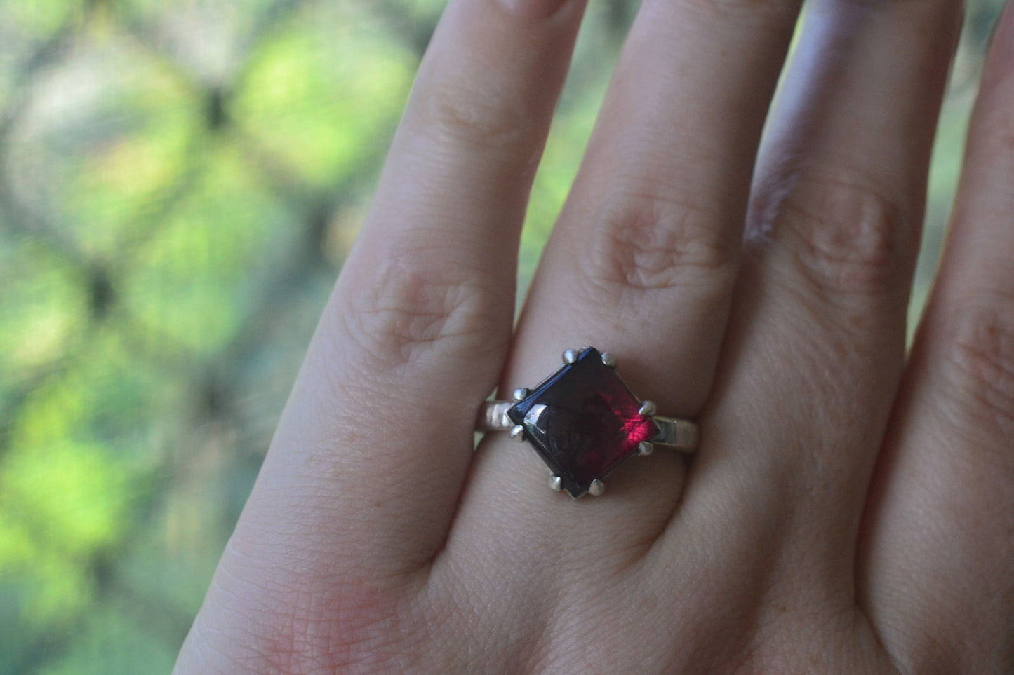 Prong Set Garnet Cabochon Ring in 925 Silver