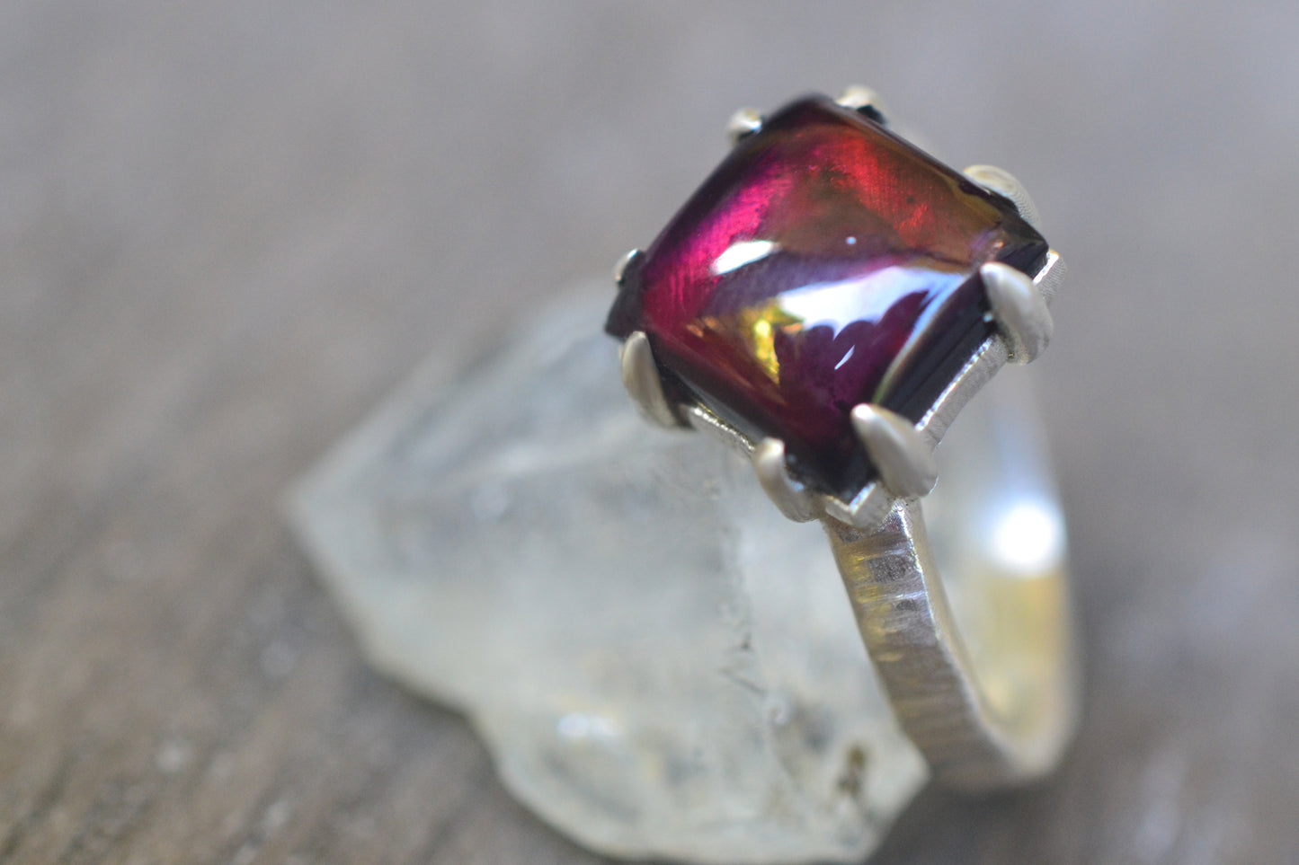 Almandine Garnet Ring With Sterling Silver Tree Bark Band