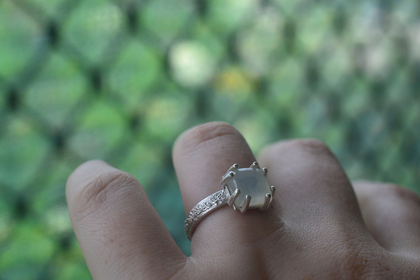 Square White Moonstone Ring With Rose Band