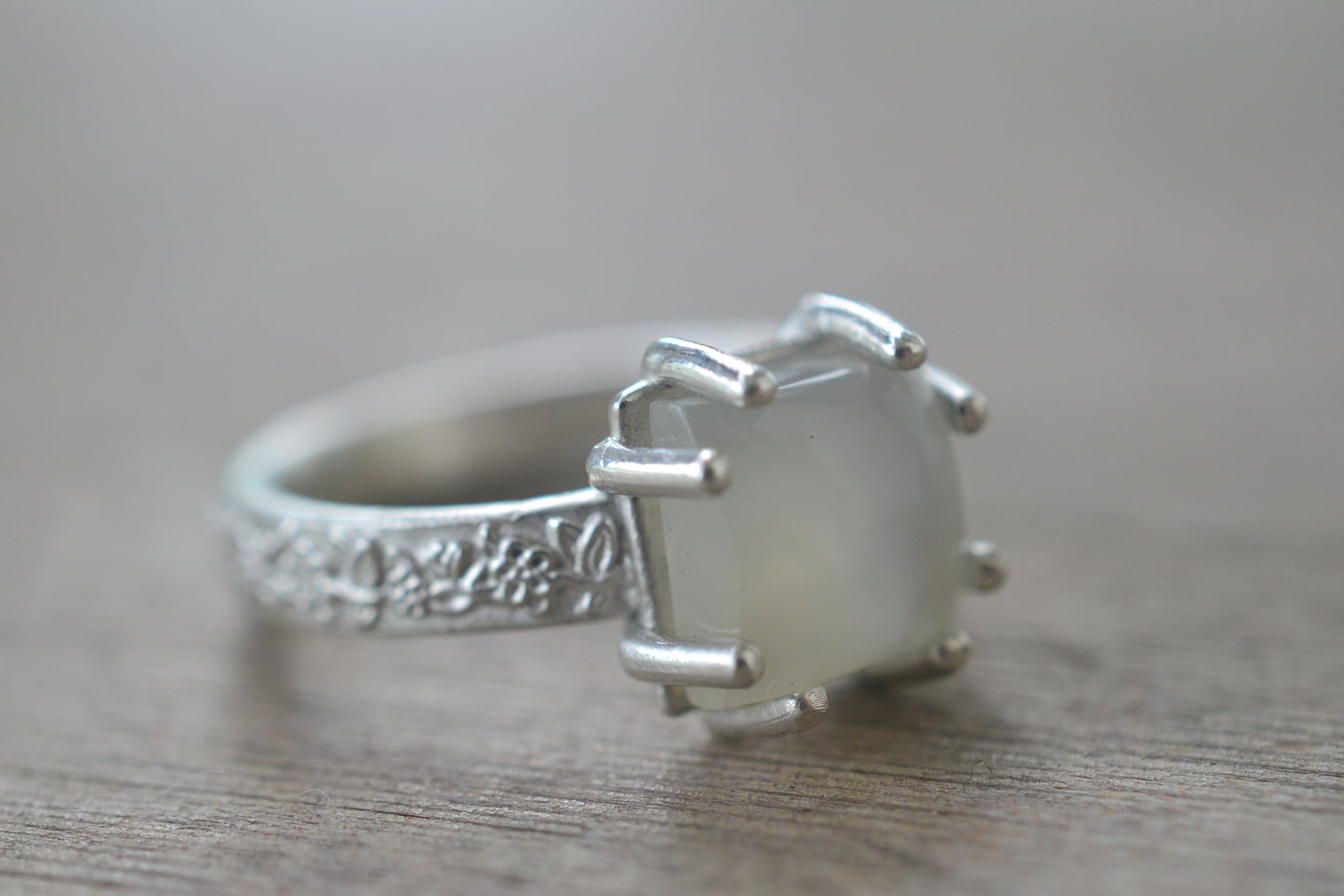 Natural Moonstone Ring With Rose Leaf Design