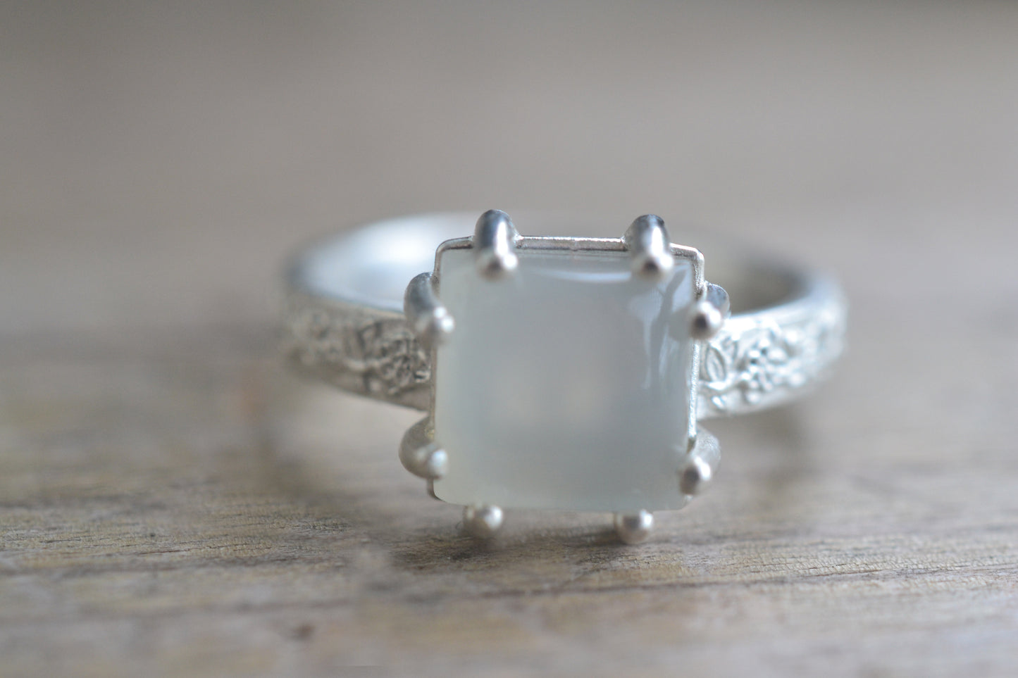 Square Moonstone Ring With Silver Rose Leaf Band