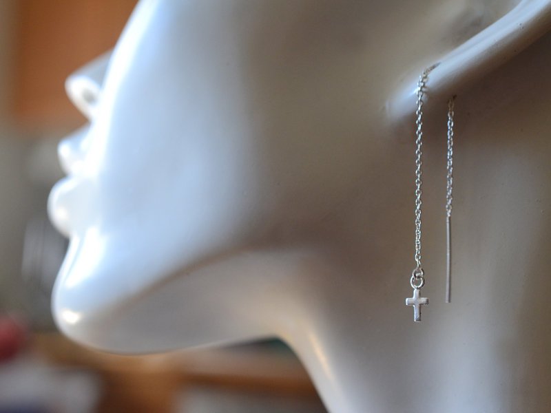 Tiny Cross Ear Threaders In Sterling Silver