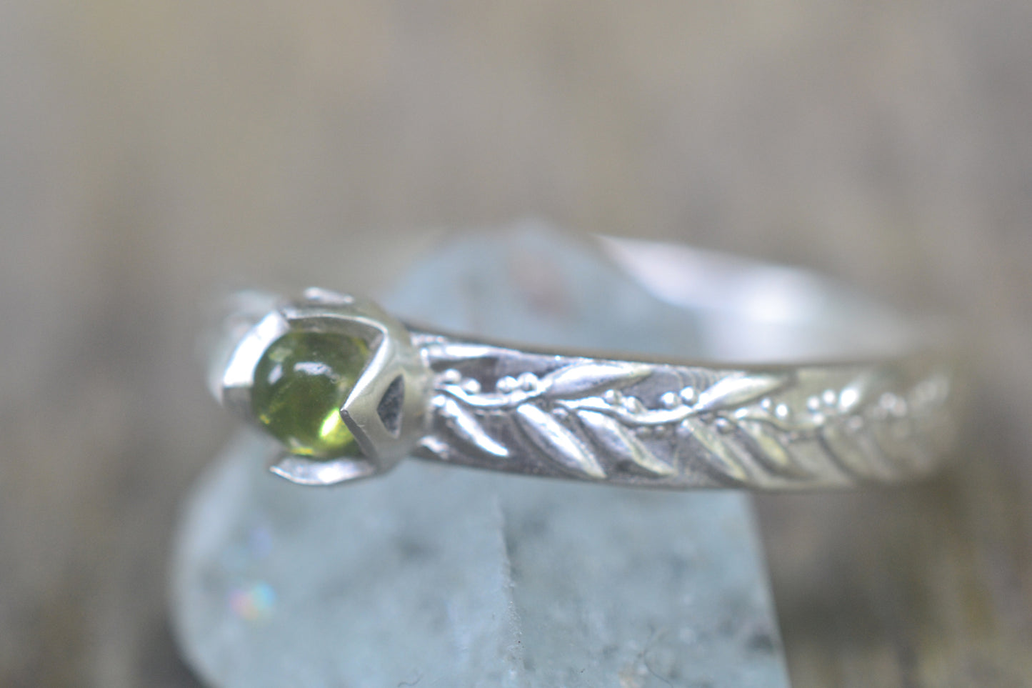 Silver Gum Leaf Ring With Green Gemstone