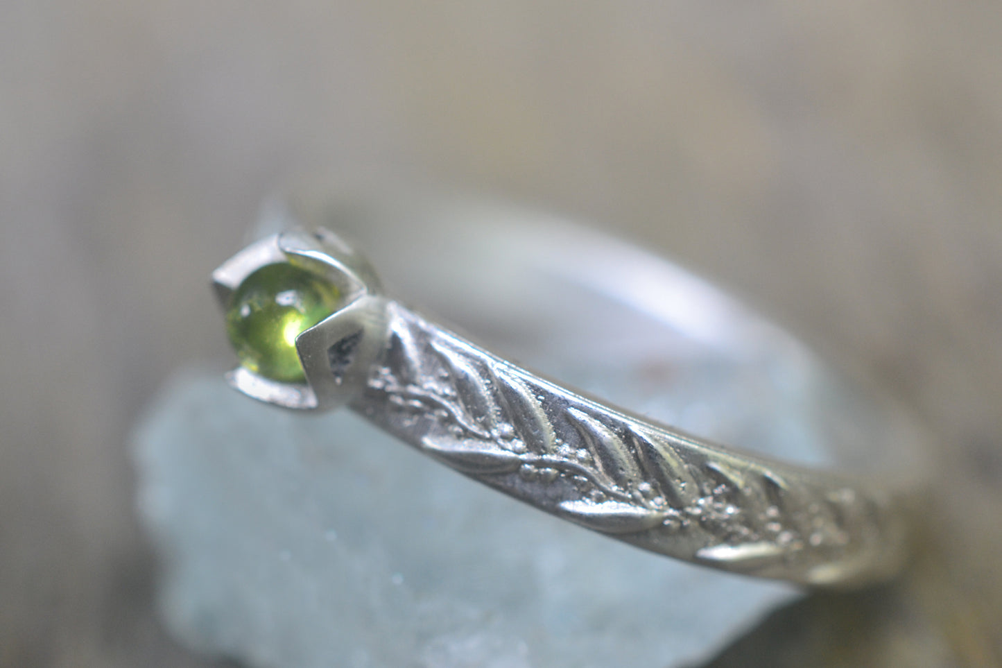 Silver Eucalyptus Leaf Ring With Vesuvianite