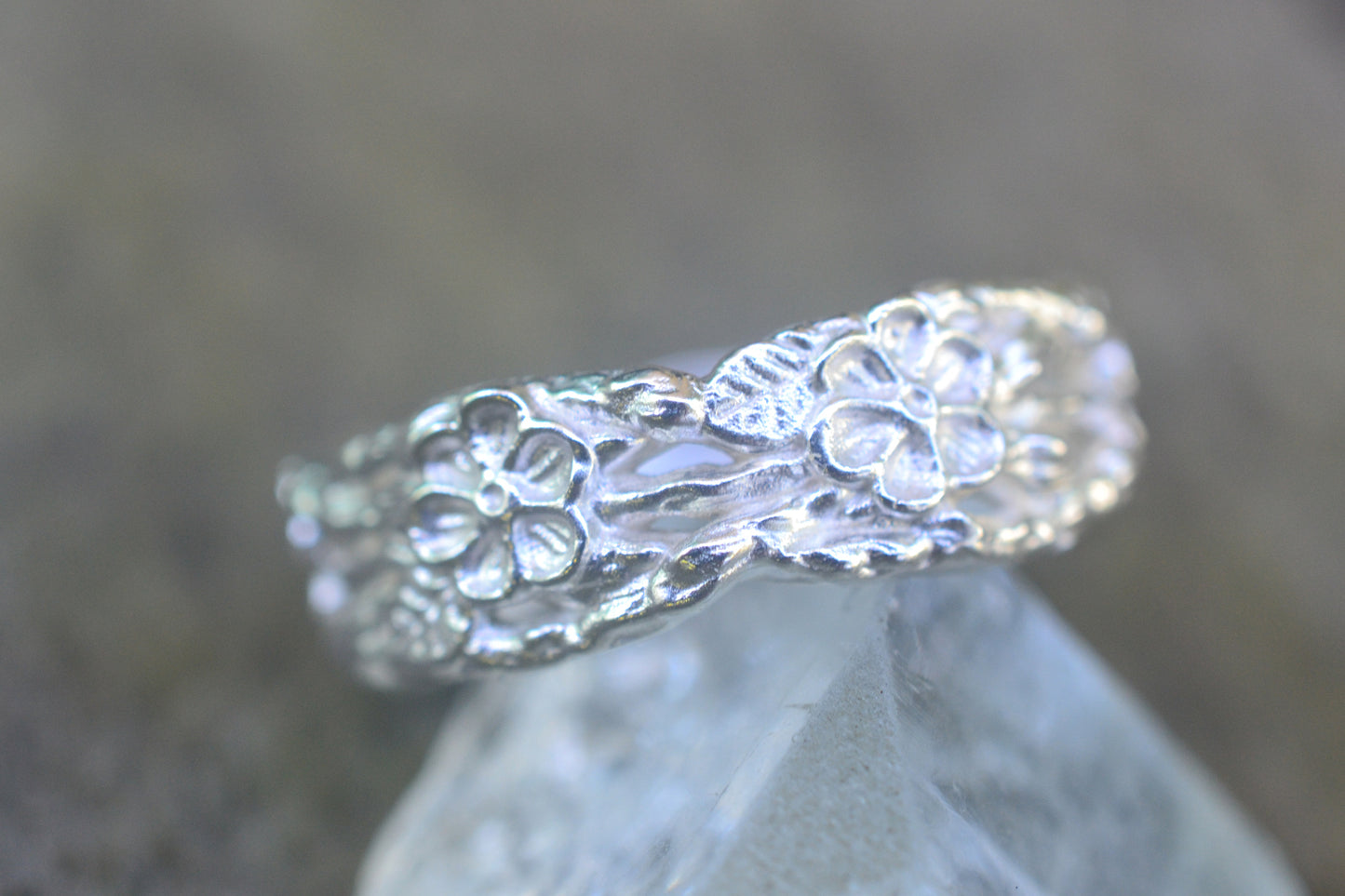 Wide Sterling Silver Twig Ring With Roses