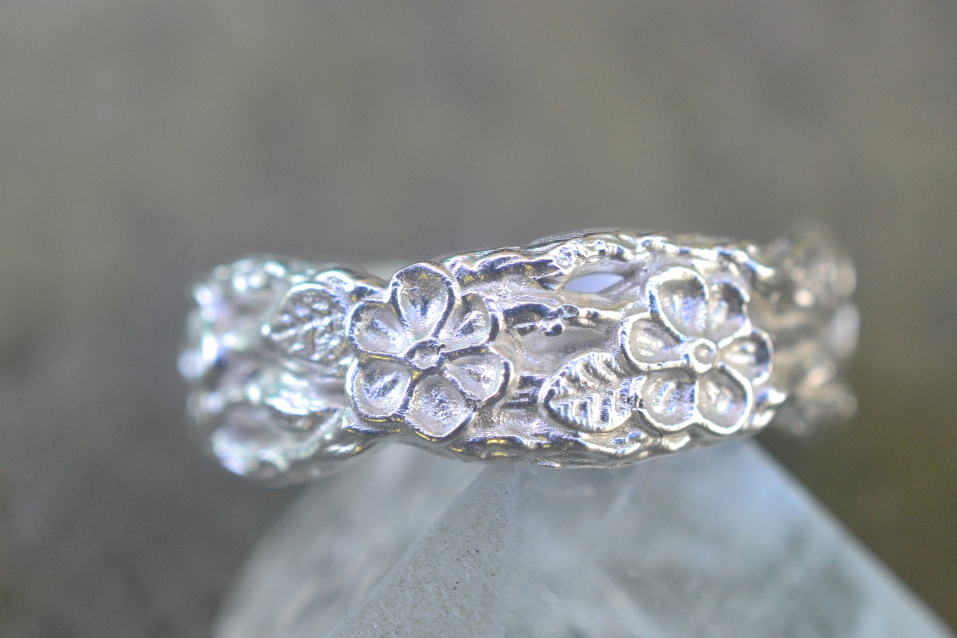Carved Silver Flower Band With Twigs