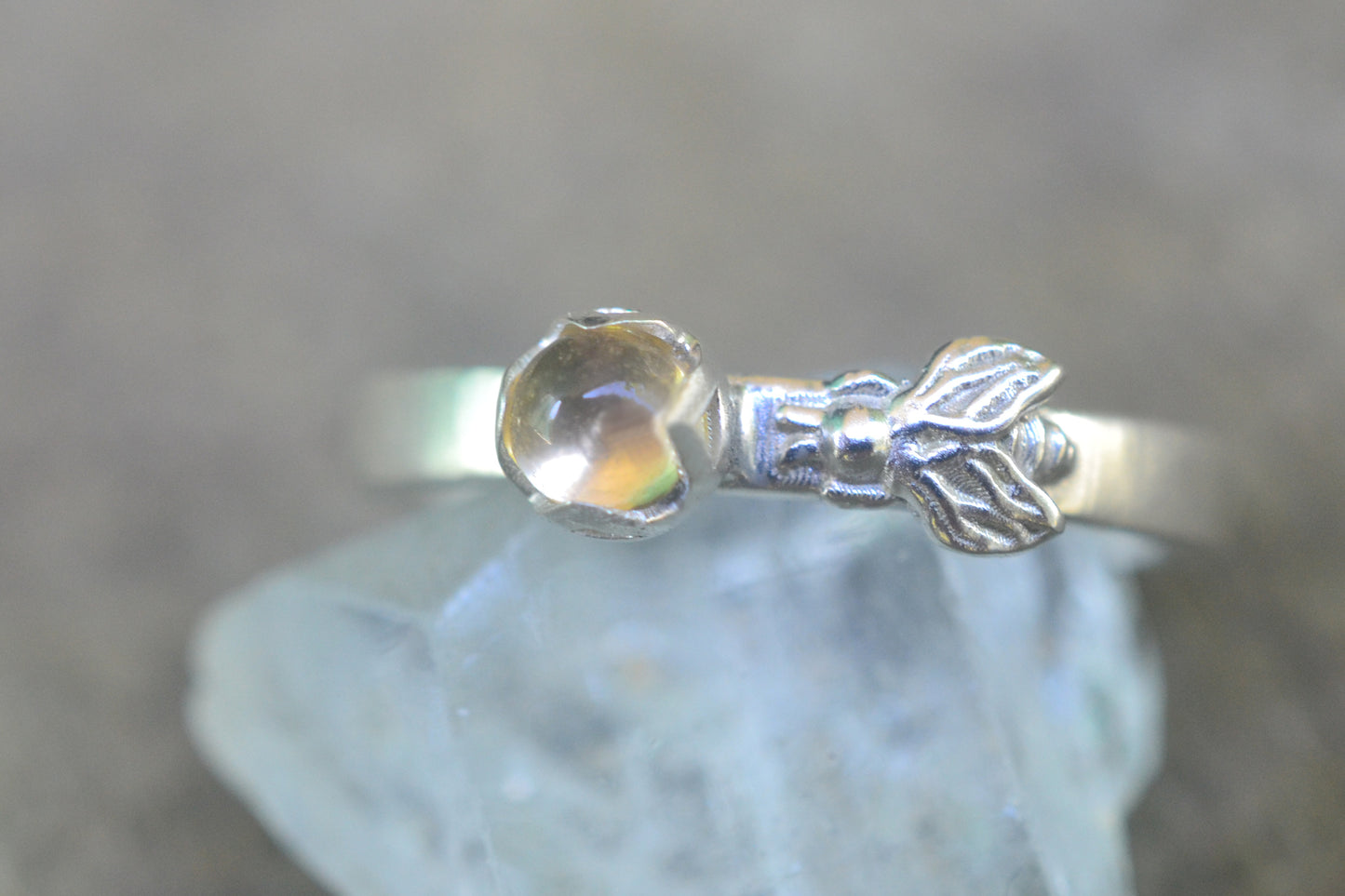 Natural Citrine Ring With Silver Bee Charm