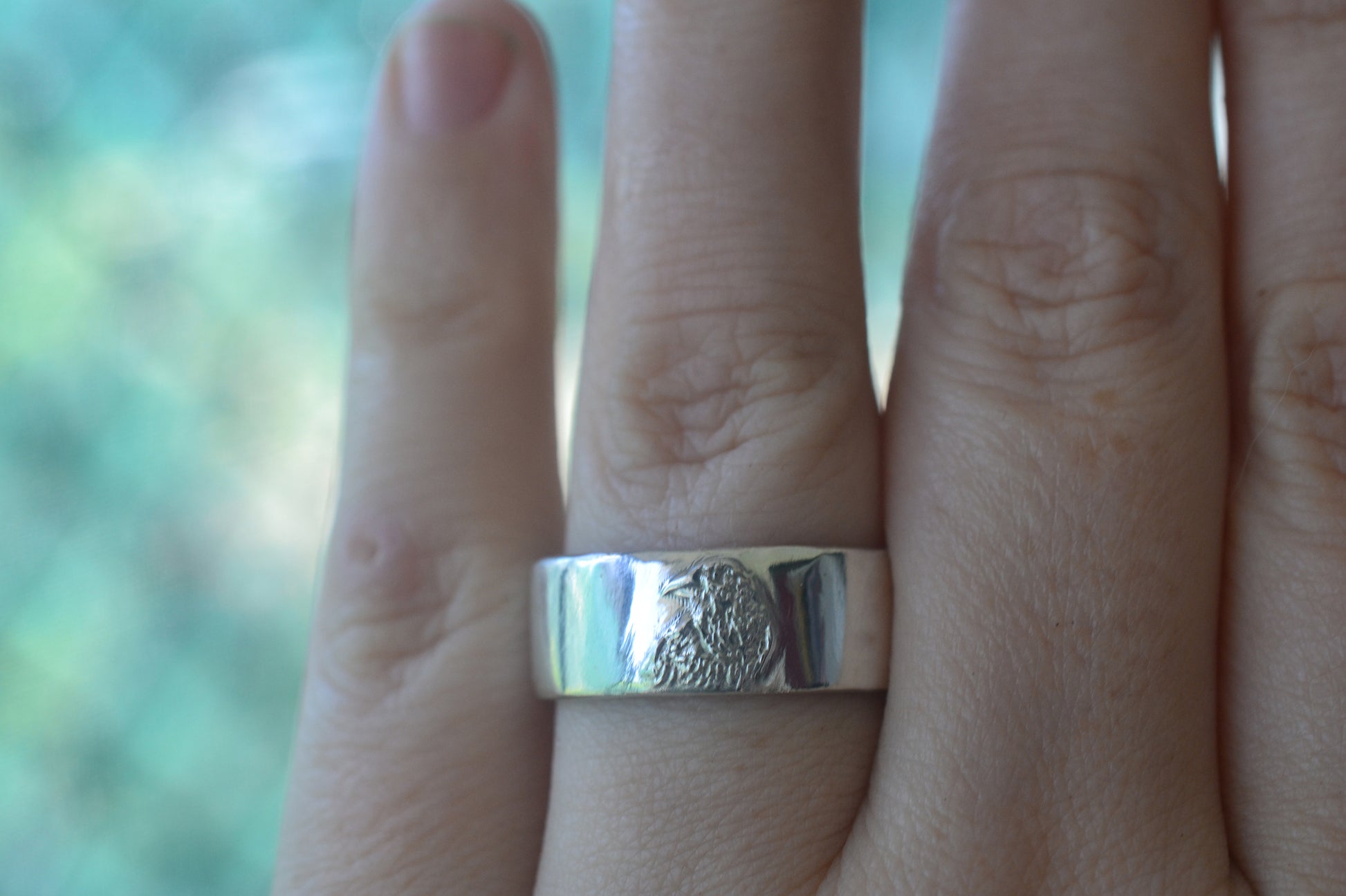 Wide Smooth Sterling Silver Wedding Band With Bird