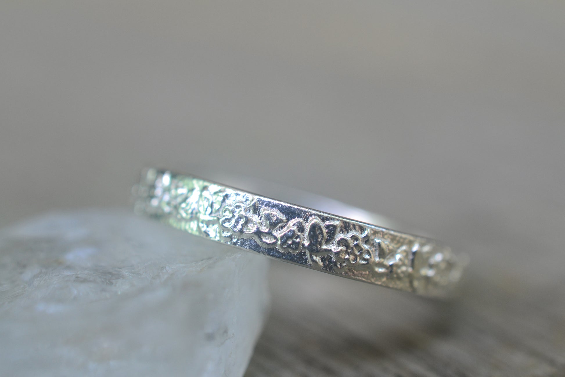 Dainty Rose & Leaf Wedding Band in Sterling