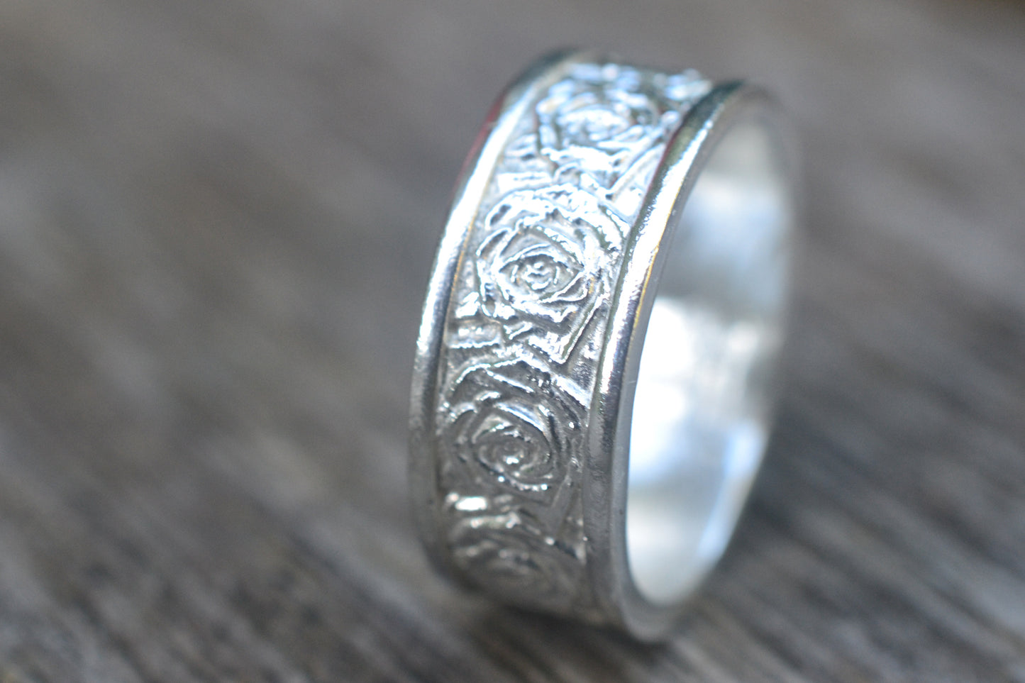 8mm Wide Sterling Silver Rose Pattern Ring