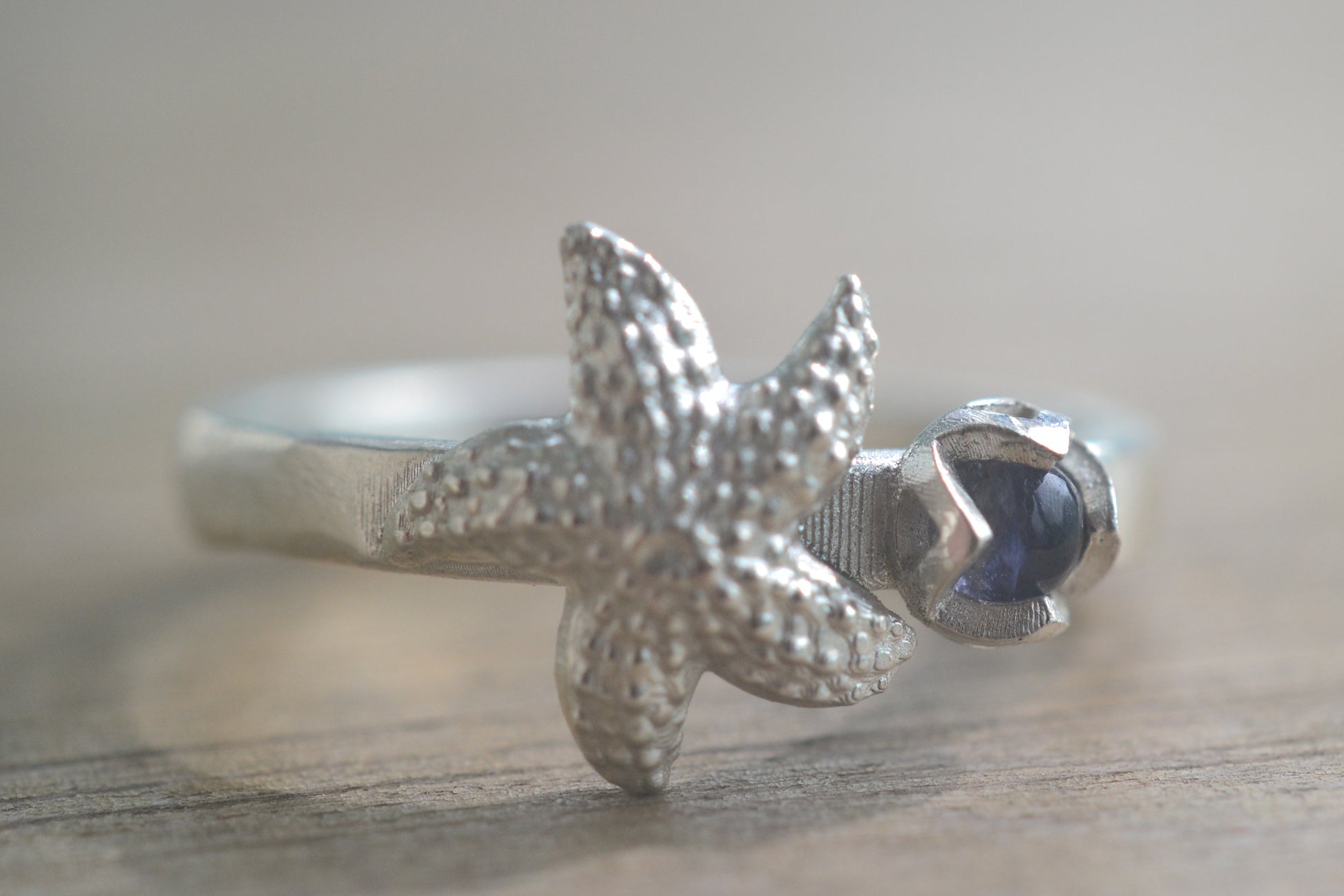 Silver Starfish Charm Ring With 3mm Cabochon
