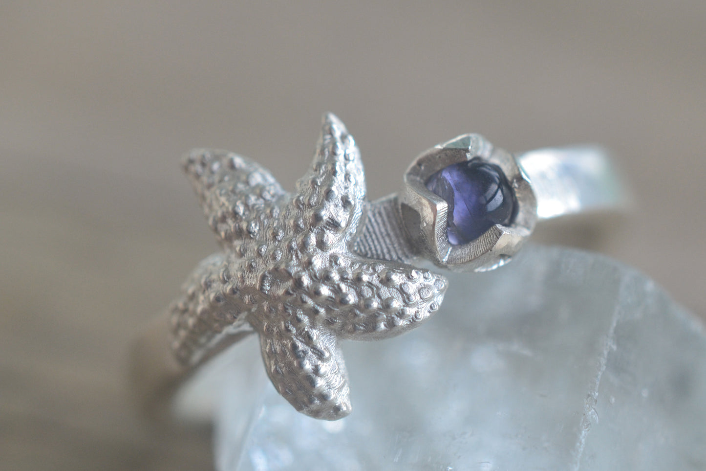 Silver Starfish Ring With Blue Iolite Crystal