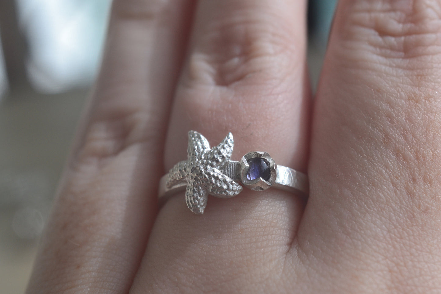 Silver Starfish Ring With Natural Iolite Crystal