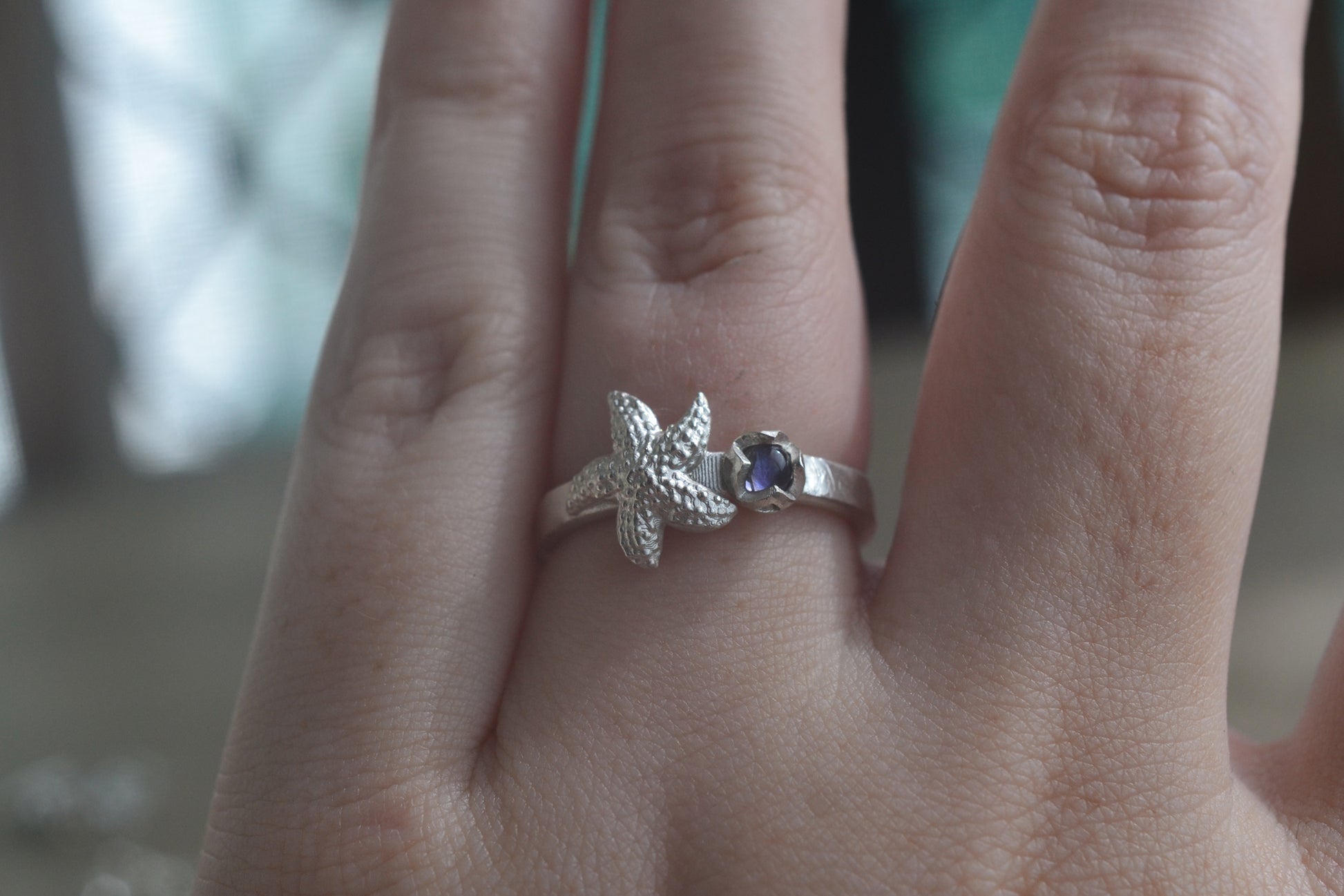 Silver Sea Star Ring With Iolite Crystal 