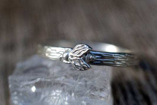 Sterling Silver Honeybee Ring With Tree Bark Band