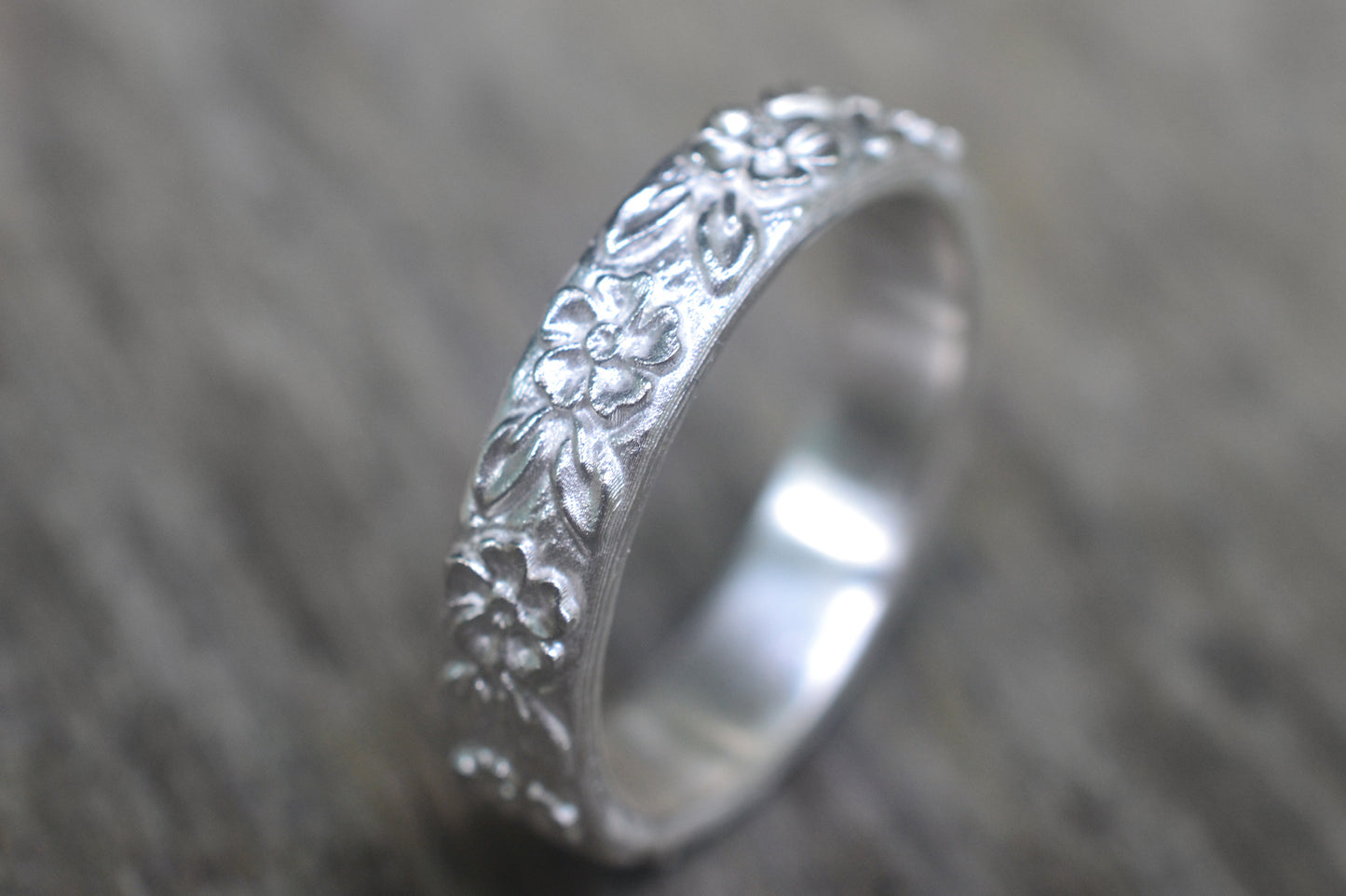 Recycled Silver Wedding Band With Floral Design
