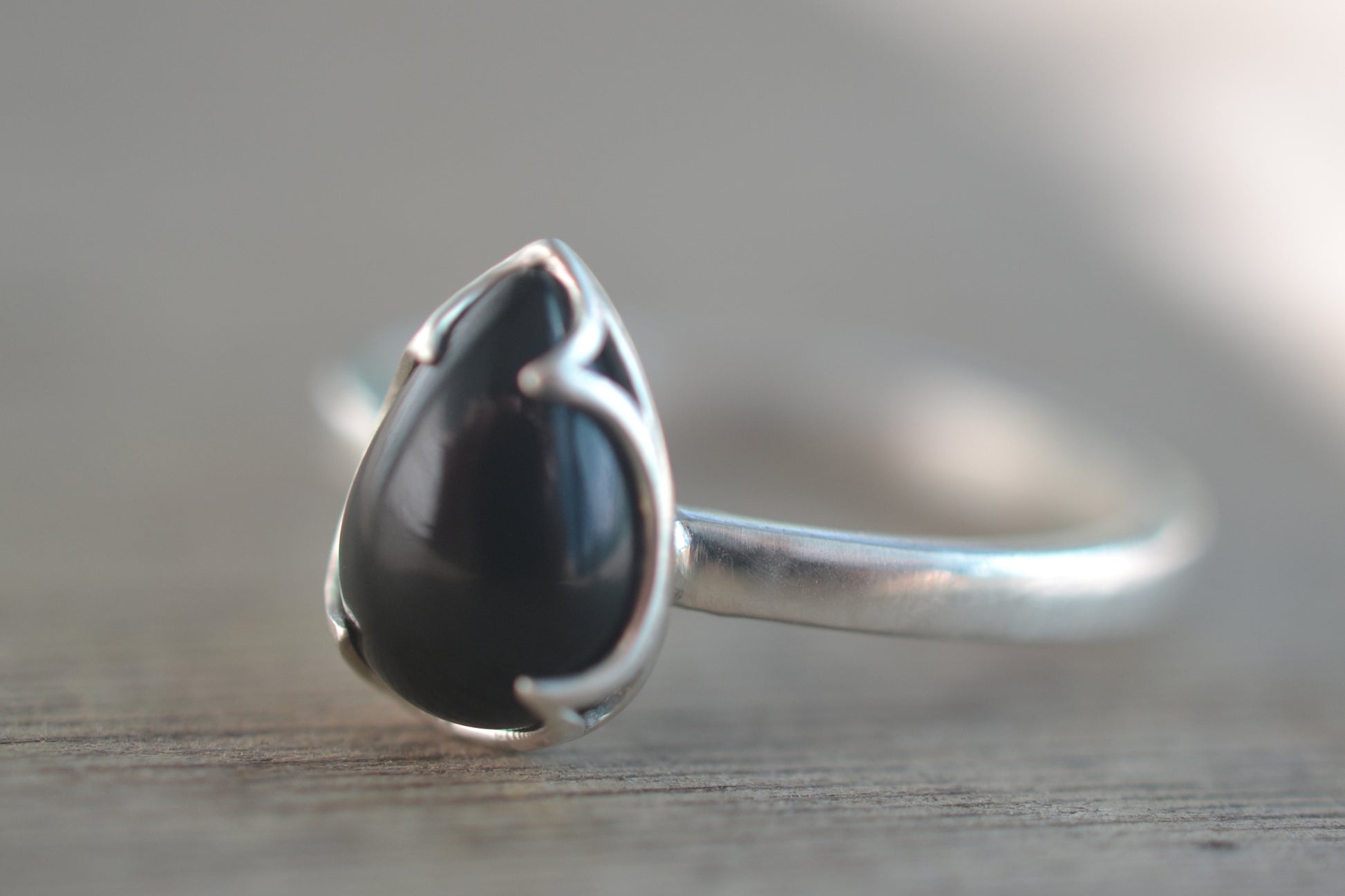 Black Onyx Pear Ring in 925 Silver