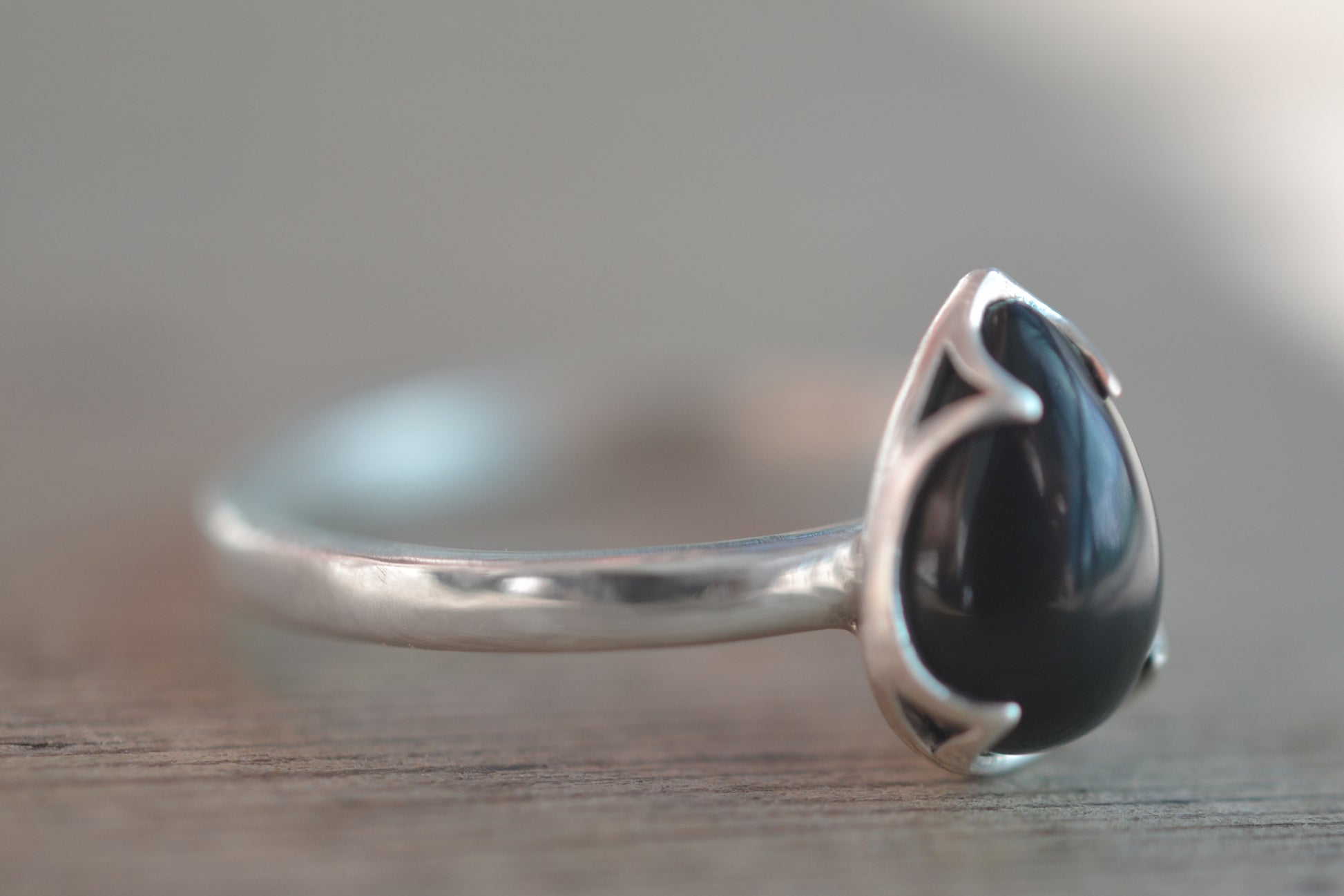 Pear Shape Black Onyx Gemstone Ring in Silver