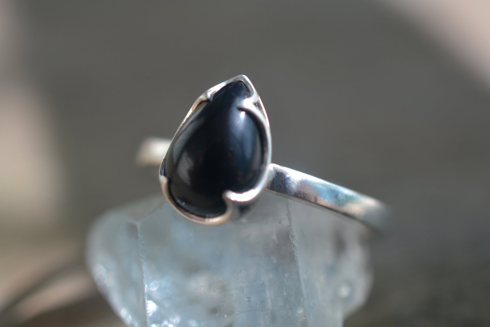 Bezel Set Black Onyx Teardrop Ring in Silver