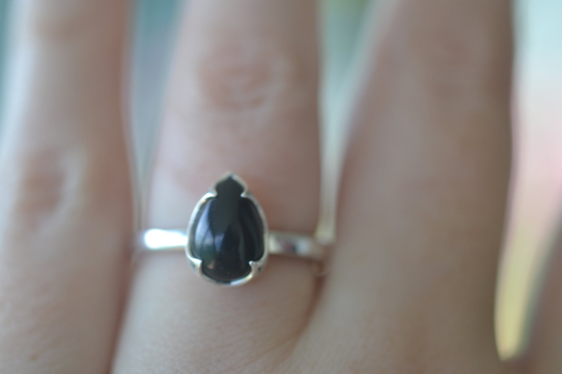 Teardrop Black Onyx Crystal Ring in Silver