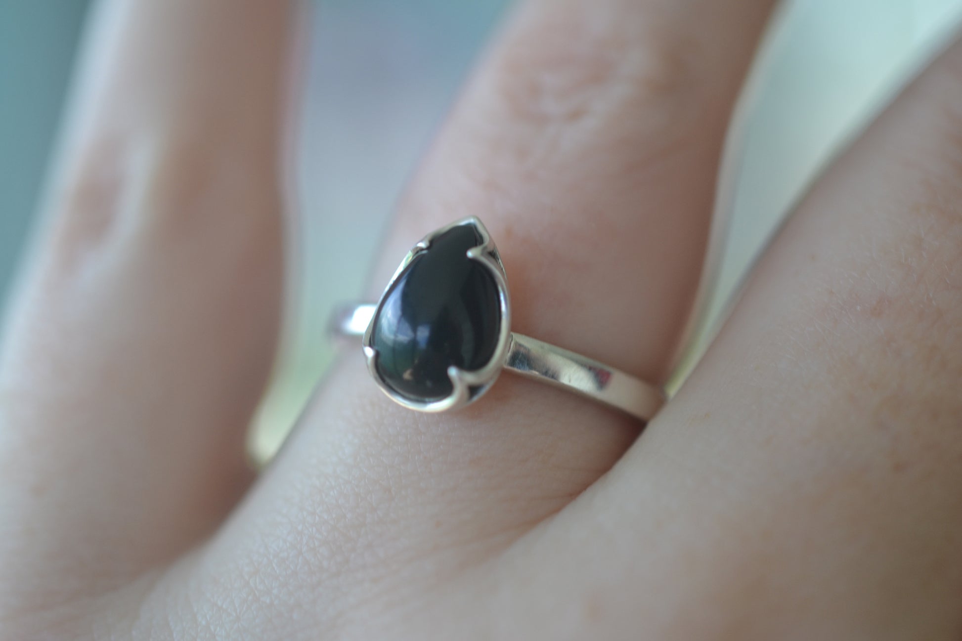 Bezel Set Black Onyx Tear Stone Ring in Silver