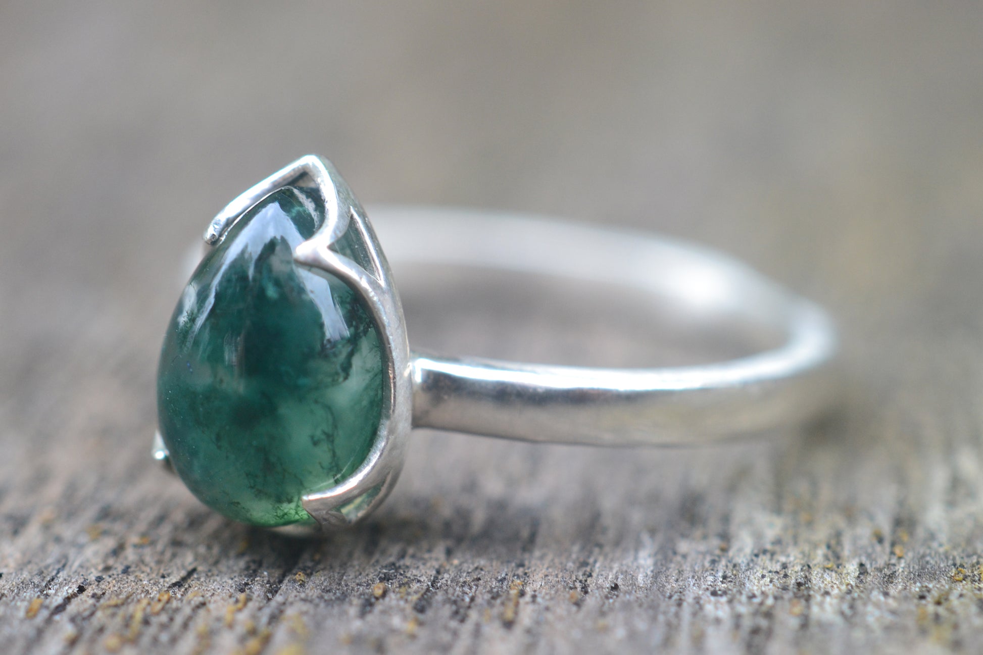 Natural Moss Agate Crystal Ring in Sterling Silver